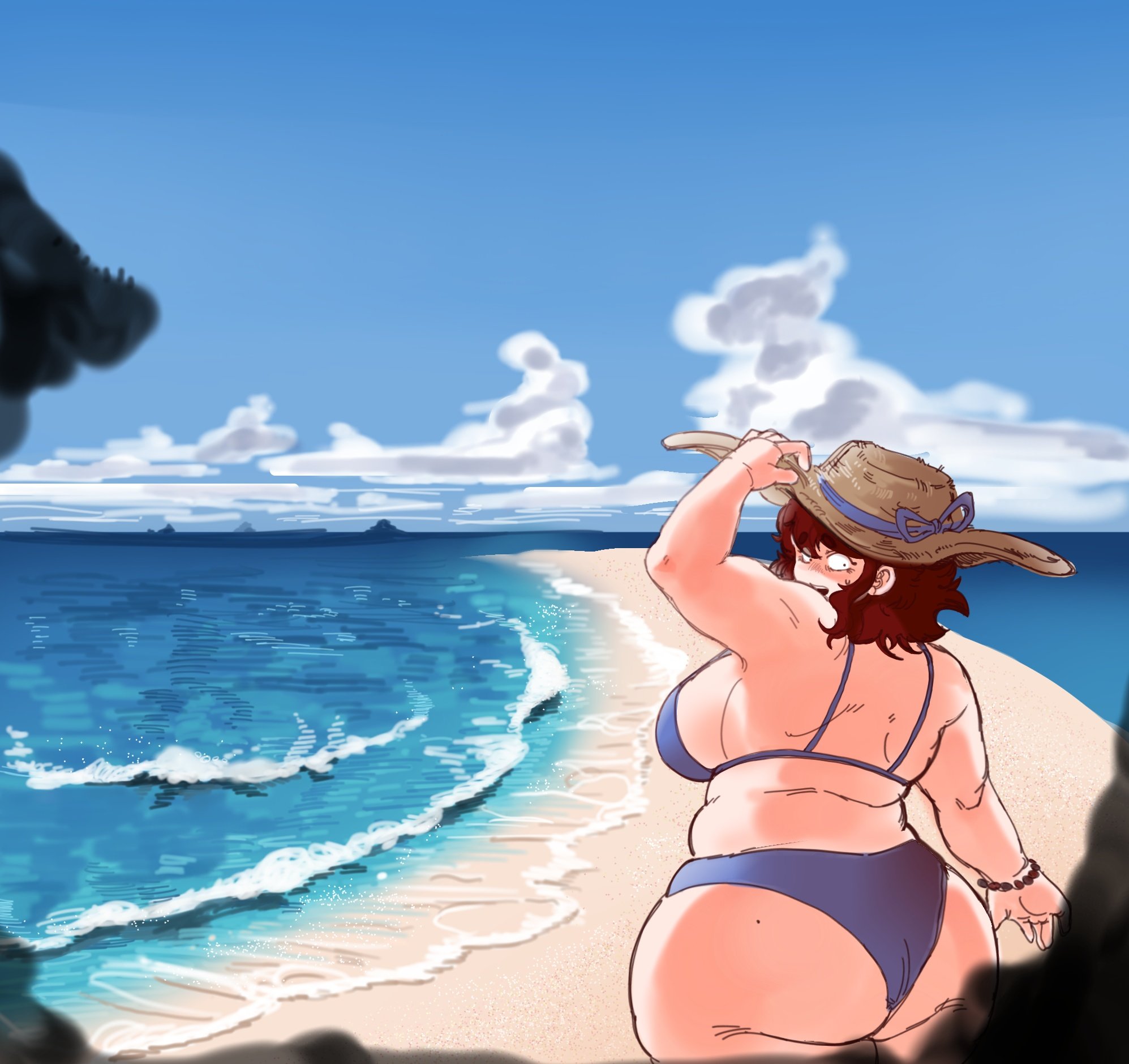 1girls, auburn hair, back, backboob, beach, beach background, beach hat, beautiful, beautiful girl, big breasts, bikini, bottom heavy, bubble butt, chubby, chubby female, detailed background, fat, fat ass, female, flustered, french, friday night funkin, friday night funkin mod, girlfriend (friday night funkin), hat, hips wider than shoulders, huge ass, huge breasts, korean nooby (artist), large breasts, looking back, massacre girlfriend (friday night funkin), millie (mistful crimson morning), mistful crimson morning, oc, overweight, overweight female, pawg, pear-shaped figure, sweatdrop, thick thighs, thighs, wide hips