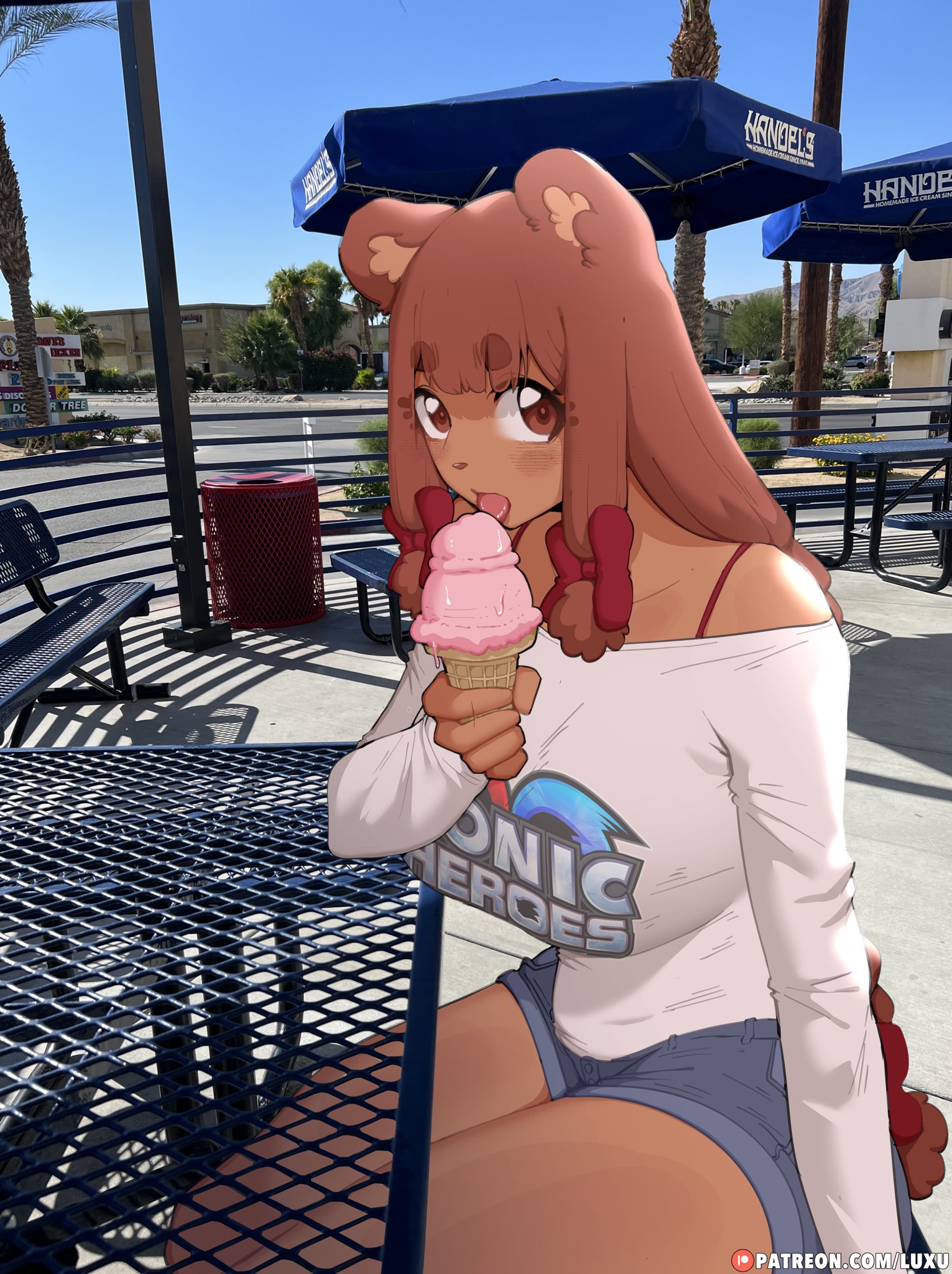 1girls, anthro, bear, beau (luxurias), blush, breasts, brown body, brown fur, brown hair, clothed, clothing, female, fur, hi res, ice cream, legwear, luxurias, mammal, original, real background, sega, solo, sonic (series), sonic heroes, sonic the hedgehog (series), text, tongue, tongue out