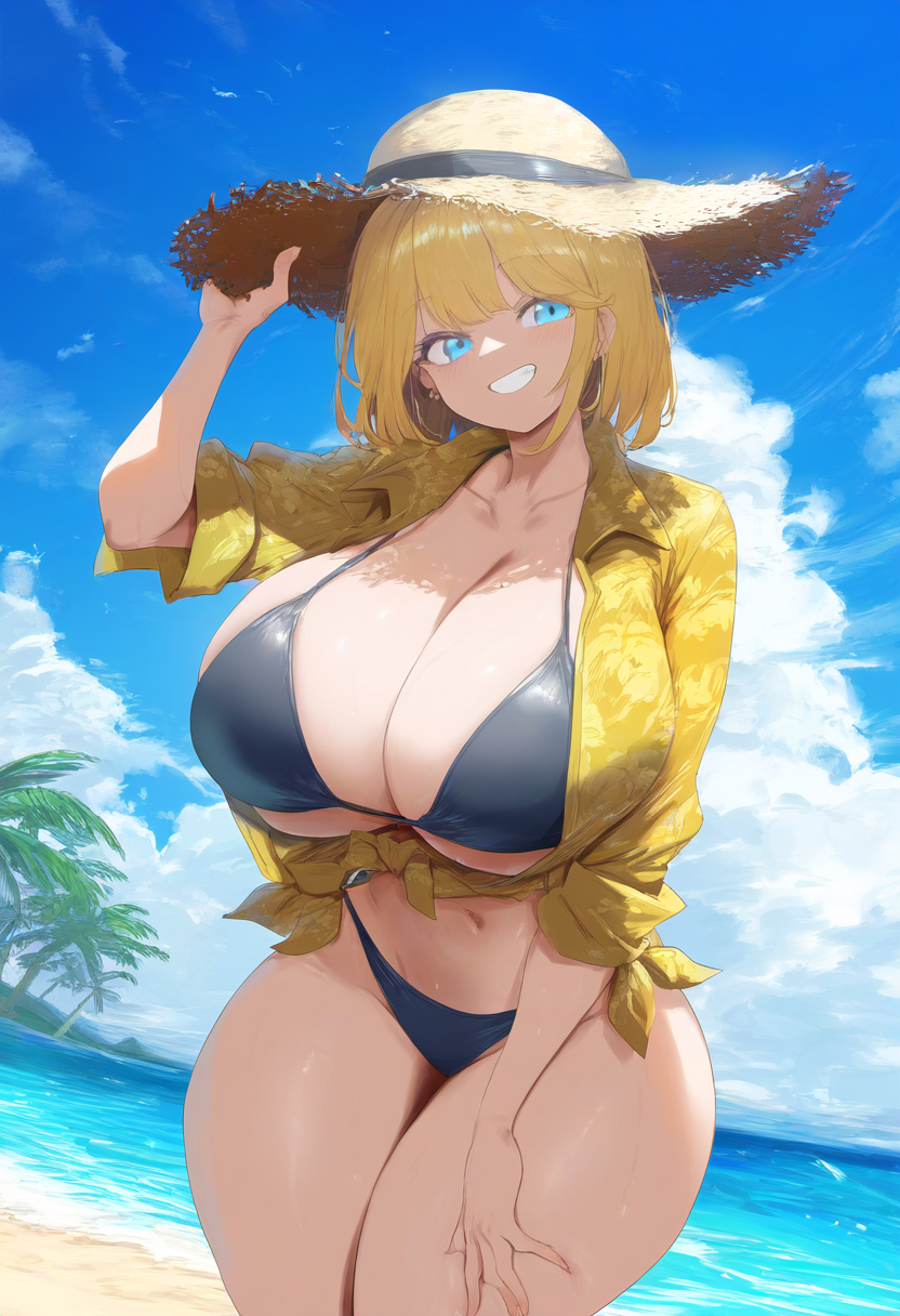 ai_generated ameanon beach big_breasts bikini bikini_under_clothes black_bikini blonde_hair blue_eyes breasts cleavage hawaiian_shirt hololive hololive_english hololive_myth huge_breasts large_breasts looking_at_viewer mommy smile straw_hat thick_thighs virtual_youtuber vtuber watson_amelia