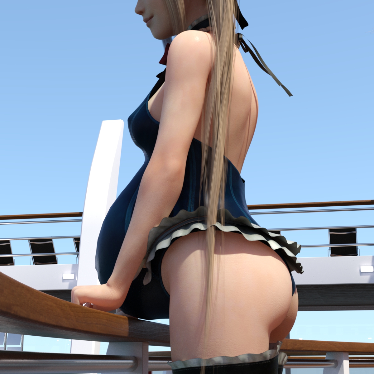 1girls, 3d, ass, belly, big ass, big belly, blonde hair, dead or alive, female, marie rose, marie rose (devilish servant against the splashing waves), pregnant, sandsage, side view, solo, thighhighs, twintails