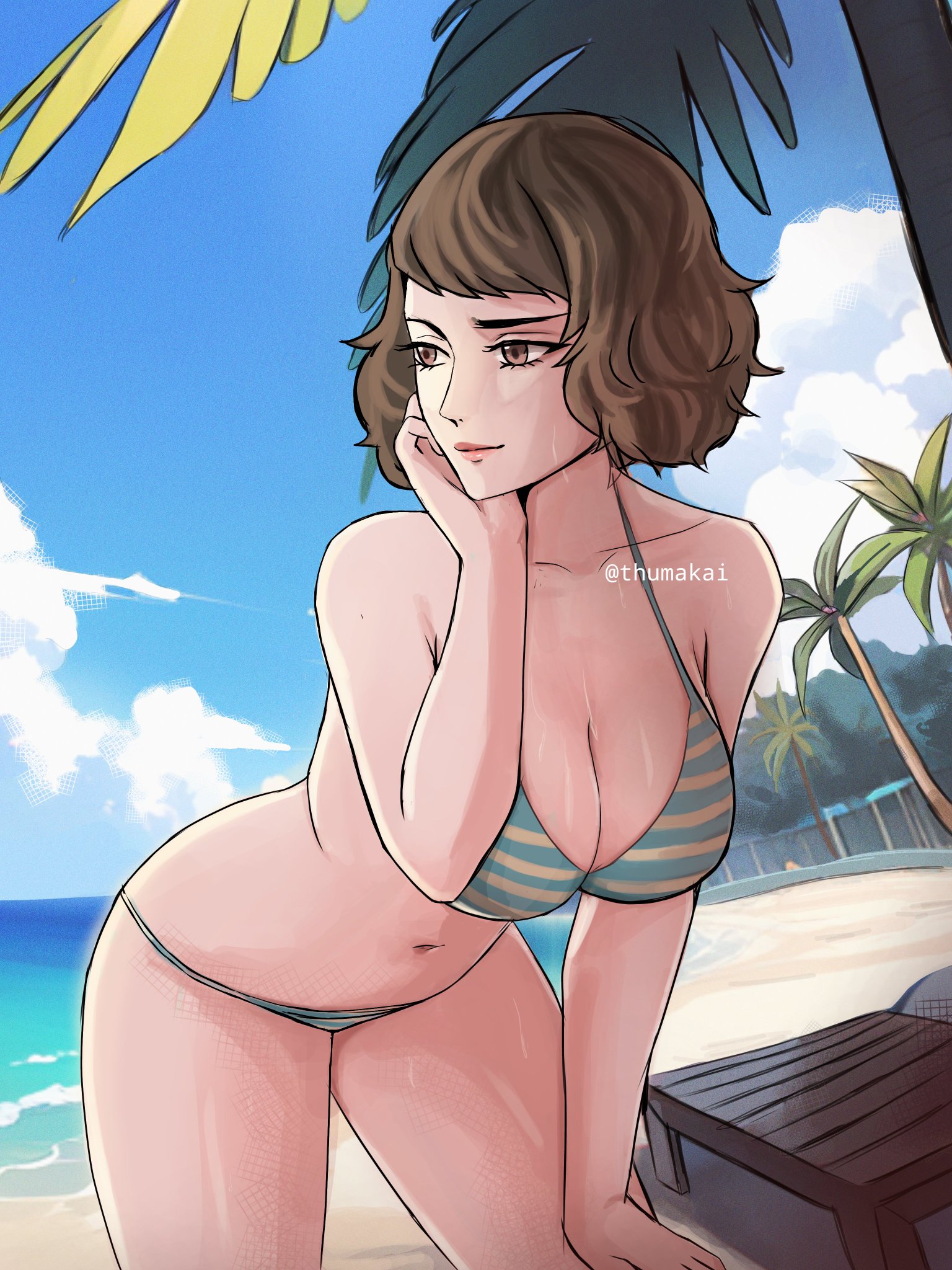 atlus, beach, bikini, breasts, brown eyes, brown hair, female, hand on leg, leaning forward, persona, persona 5, sadayo kawakami, smile, solo female, swimwear, tuhumakai