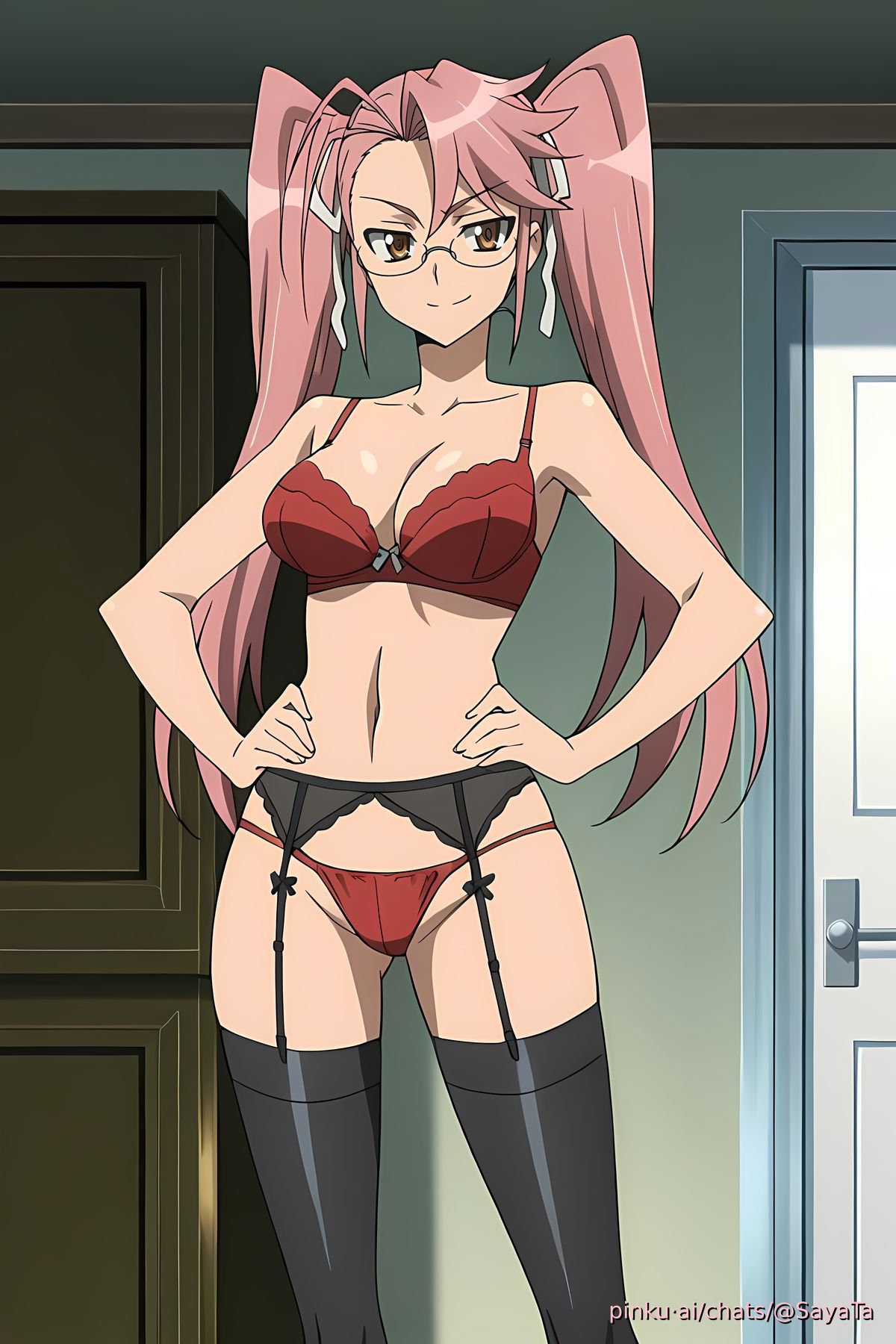1girls, ai generated, ass visible through thighs, bedroom, bra, garter belt, garter straps, glasses, hands on hips, hazel eyes, highschool of the dead, lingerie, pink hair, pinku, pinku.ai, pinkuai, saya takagi, seductive look, smile, takagi saya, thighhighs, thong, twintails
