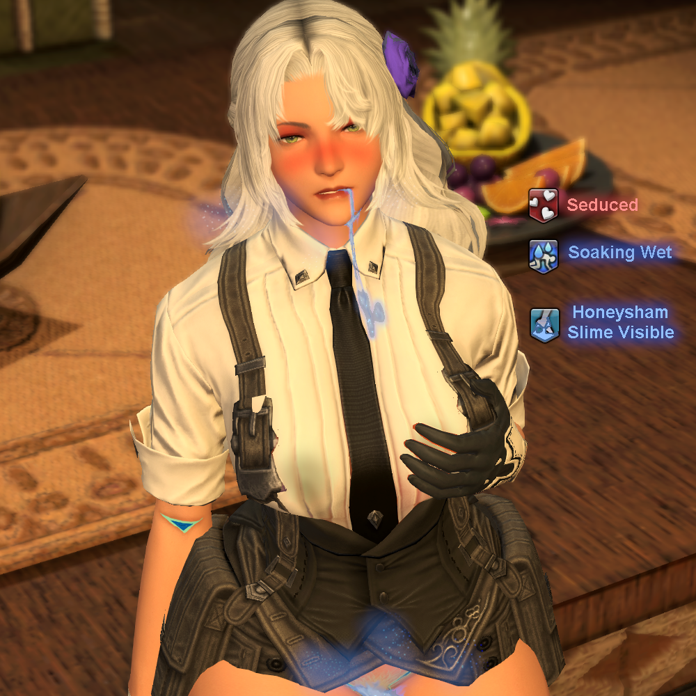 3d aroused biting_lip biting_own_lip blush cev_(xiv) cev_rosa drool_on_breasts drool_string drooling english_text female female_only final_fantasy final_fantasy_xiv flower_in_hair gameplay_mechanics gpose(ffxiv) green_eyes hand_on_breast honeysham hyur lactation lactation_through_clothes long_hair lustful_gaze mostly_clothed musk_clouds pubic_hair slime slime_(substance) status_effect white_hair