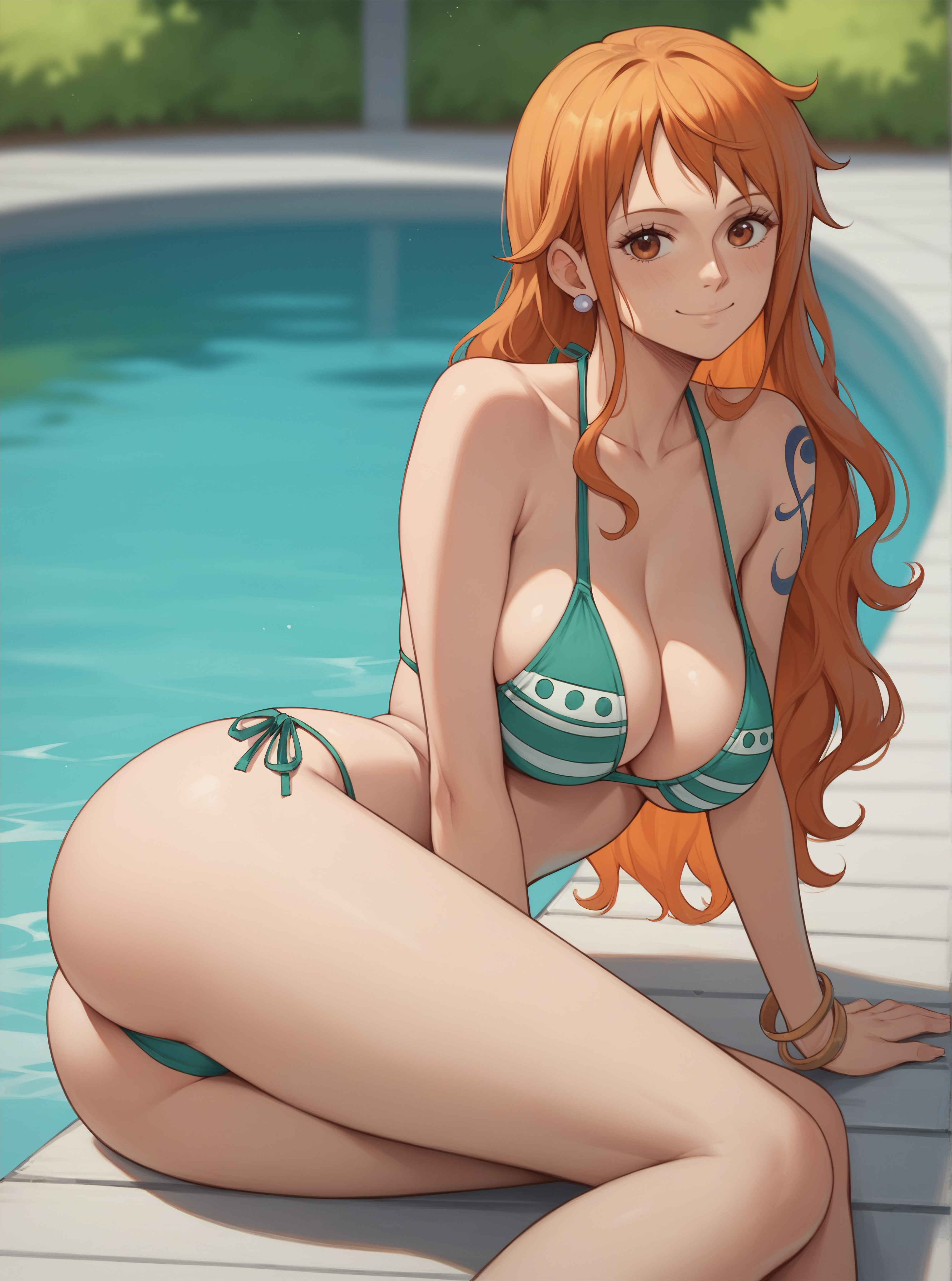 ai generated, bikini, breasts, brown eyes, earrings, female, female only, long hair, nami (one piece), one piece, orange eyes, orange hair, robinlover, solo, solo female, tagme