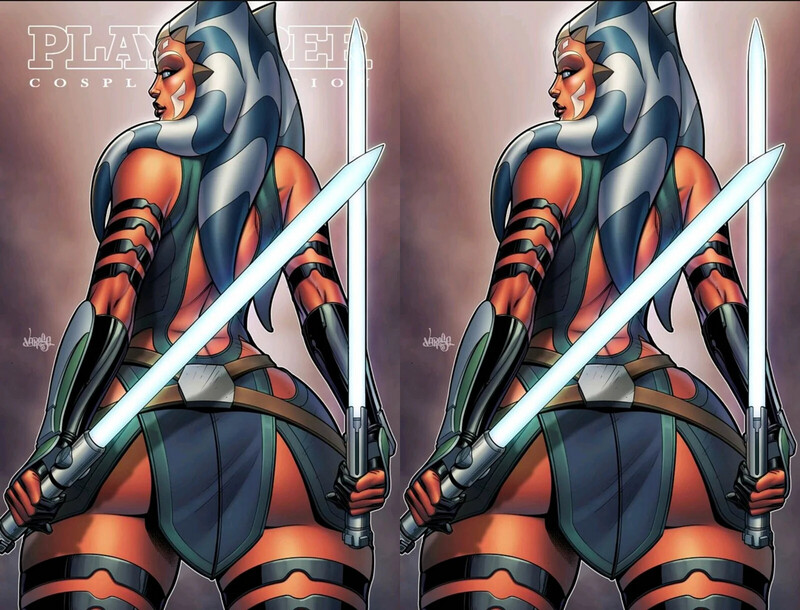 1girls ahsoka_tano ass female female_only jose_varese lightsaber magazine_cover solo star_wars