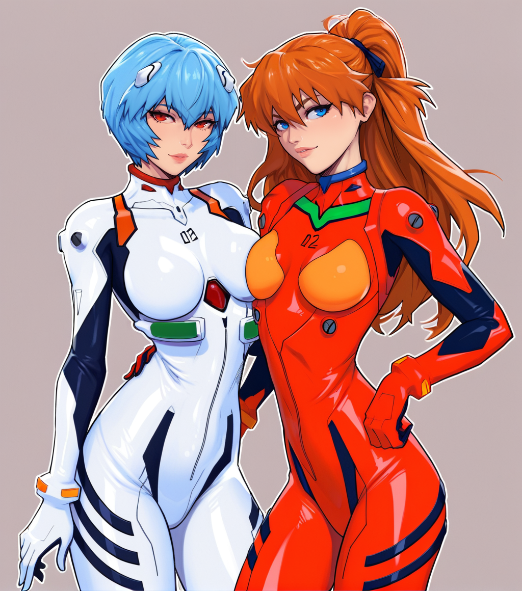 2girls 4narch157 ai_generated asuka_langley_sohryu blue_eyes blue_hair bodysuit breasts breasts_squeezed_together female human interface_headset light-skinned_female light_skin long_hair looking_at_viewer neon_genesis_evangelion orange_hair pale-skinned_female pale_skin pilot_suit plugsuit red_eyes rei_ayanami short_hair smiling thighs twintails