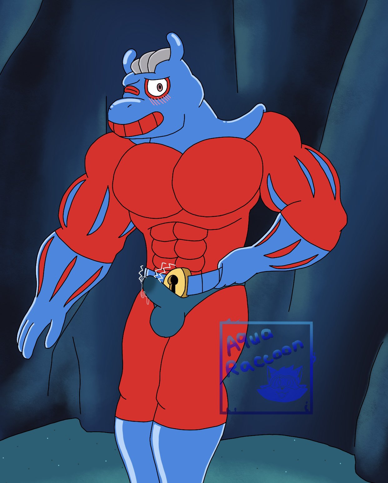 abs anthro balls belt blue_helmet blush bodily_fluids boots bulge cave_background clothing cum cum_drip dripping erection footwear francisstarlig1 generation_1_pokemon genital_fluids genitals gloves handwear hi_res laugh leaking_precum machoke male male_only man_ray motion_lines muscular nickelodeon nintendo one_eye_closed pecs pokemon pokemon_(species) precum precum_drip red_clothing red_suit shoes solo speedo spongebob_squarepants suit swimwear tickle_belt tickle_torture tickling watermark