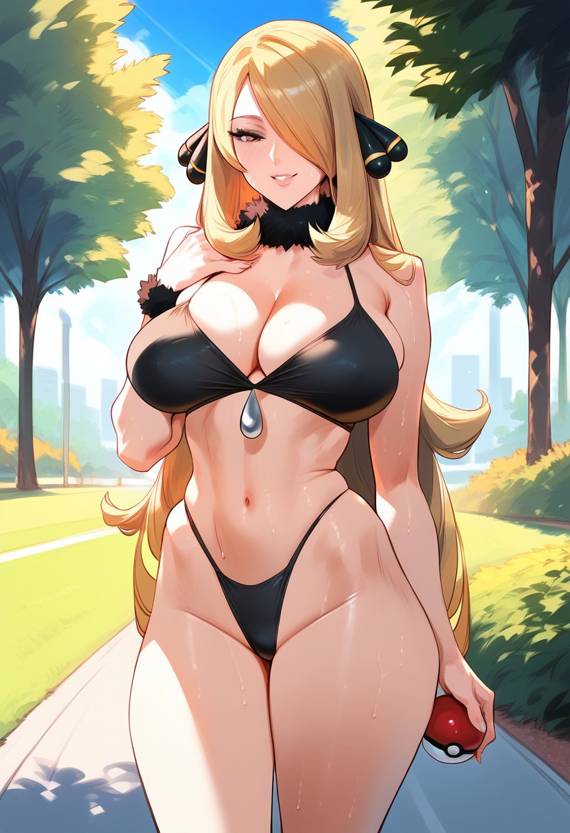 2d, ai generated, big breasts, bikini, black bikini, blonde hair, breasts, cynthia (pokemon), female, female focus, female only, hair ornament, hellblueboy4, highleg, long hair, outdoors, pokeball, pokemon, solo female, solo focus, tagme