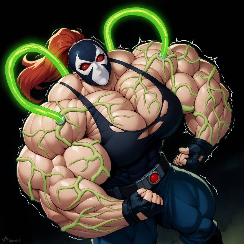 1girls ai_generated bane big_breasts bulging_veins clothed dc_comics green_veins hispanic long_hair masked_female muscular_female posing rule_63 steroids taller_girl villain what