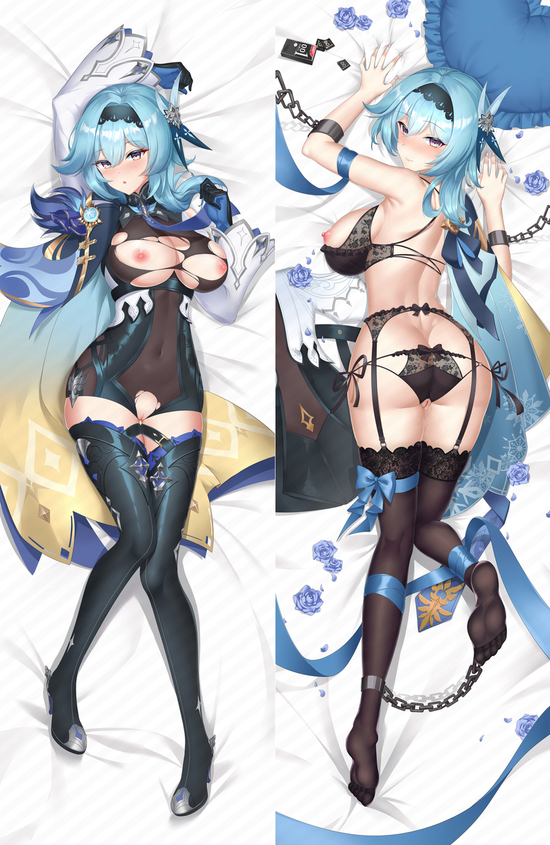 1girls arm_up ass black_footwear black_gloves black_hairband blue_hair blush boots bow breasts cape chains condom covered_navel crotchless crotchless_panties dakimakura eula_(genshin_impact) female full_body garter_belt genshin_impact gloves hair_between_eyes hair_ornament hairband high_heel_boots high_heels highres impossible_clothes impossible_leotard leotard looking_at_viewer looking_back lying multiple_views navel necktie nipples on_back on_front panties pussy restrained ribbon see-through sheet_grab shinalpha side-tie_panties sideboob solo thigh_boots thighhighs torn_clothes torn_leotard underwear yellow_eyes