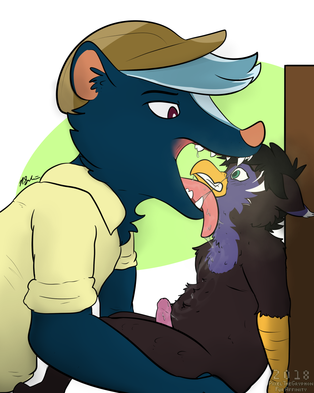 animal_crossing aroused avian breathing_on drool erection gryphon kicks_(animal_crossing) licking male pixel pixel_the_gryphon pixelthegryphon predator/prey size_difference skunk tongue_bath vore