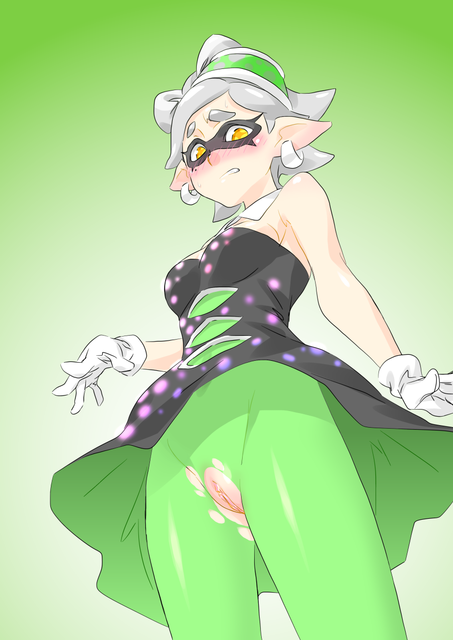 beauty_mark blush cephalopod_humanoid dress earrings female gloves green_pantyhose hair_ornament humanoid inkling marie_(splatoon) mask mole nintendo pantyhose pointy_ears pussy short_hair solo splatoon squid_sisters standing straight_hair taka-michi torn_pantyhose uncensored white_hair yellow_eyes