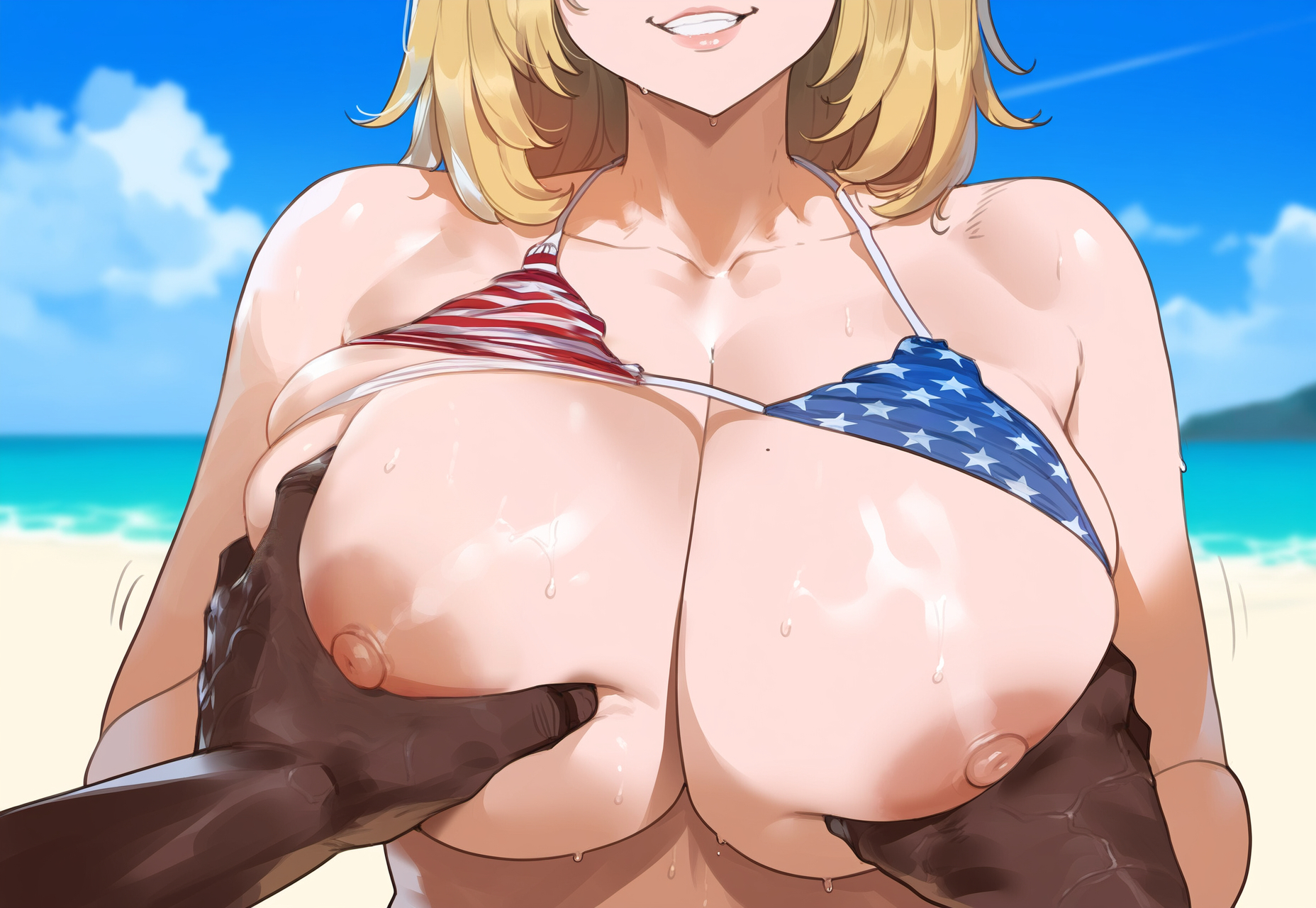 ai generated, blonde hair, bra lift, breasts, creamy ai, dark skin, dark-skinned male, dead or alive, female, fondling, fondling breast, huge breasts, interracial, light skin, light-skinned female, male, short hair, smirking, tina armstrong