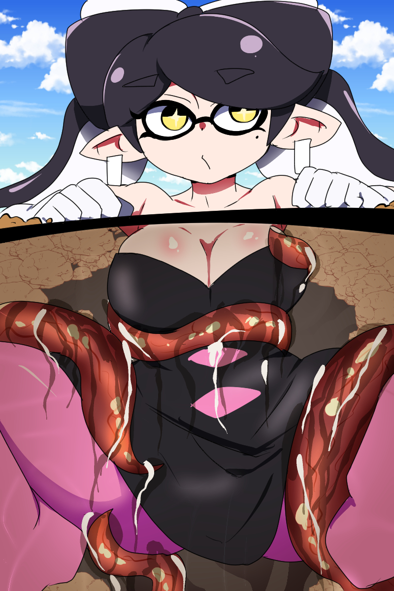 1girls black_hair breasts callie_(splatoon) chicken_rib cleavage earrings inkling inkling_girl long_hair nintendo pantyhose pink_pantyhose pointy_ears restrained solo solo_female solo_focus splatoon splatoon_(series) spread_legs stuck stuck_in_ground tentacle tentacle_hair tentacle_rape unaware unawareacles yellow_eyes