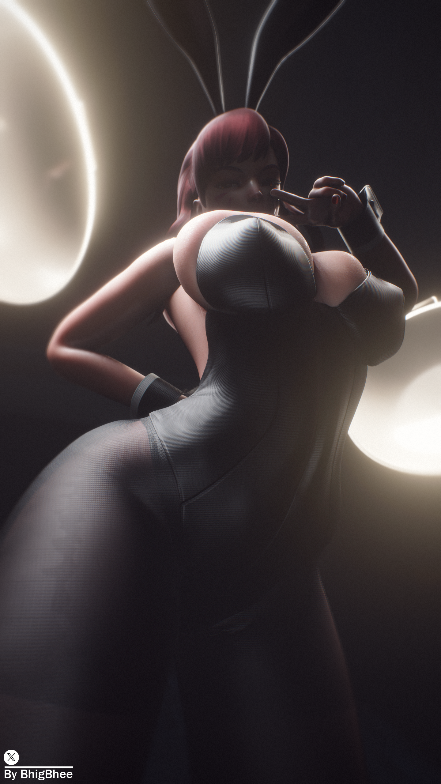 1girls, 3d, alternate version available, ass, bhigbhee, breasts, brown hair, bunny ears, bunny girl, bunnysuit, cleavage, d.va, facepaint, female, female only, hi res, highres, hips, large breasts, looking at viewer, makeup, nail polish, overwatch, overwatch 2, solo, squished breasts, thighs, watermark, wrist cuffs