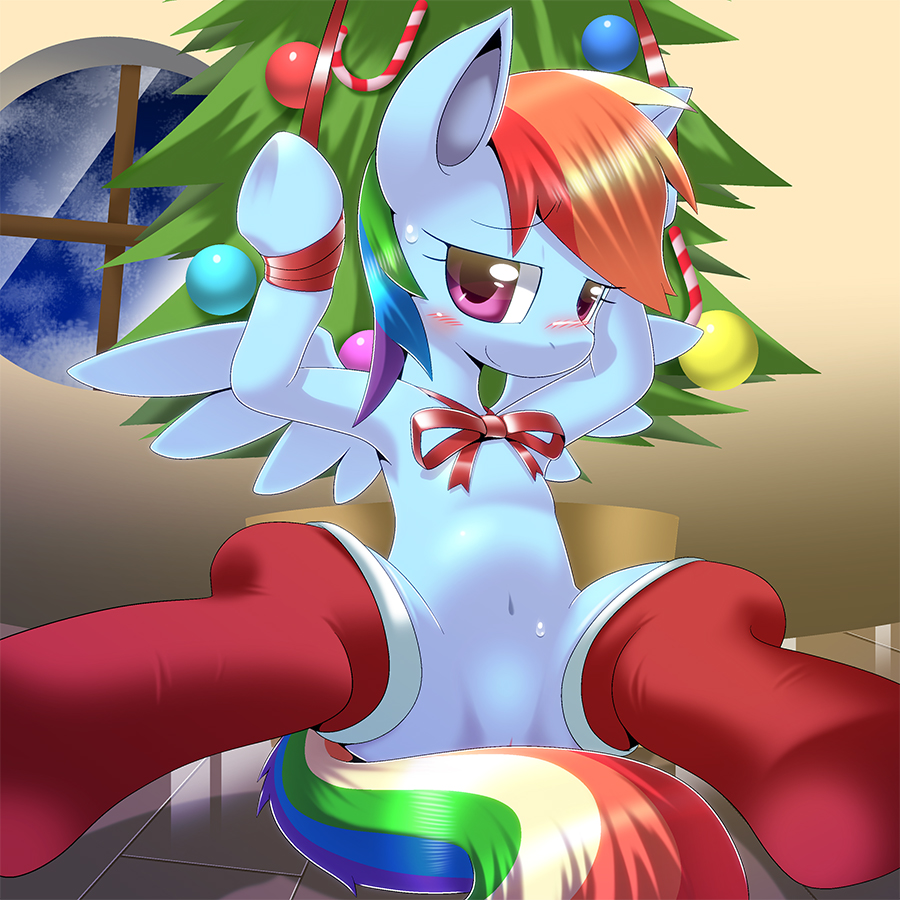 blush bondage bound christmas christmas_tree equine female friendship_is_magic holidays looking_at_viewer multicolored_hair my_little_pony oze oze_(zoexm177) pegasus purple_eyes pussy rainbow_dash_(mlp) rainbow_hair ribbon ribbons smile socks solo straight_hair sweat tail tree wings