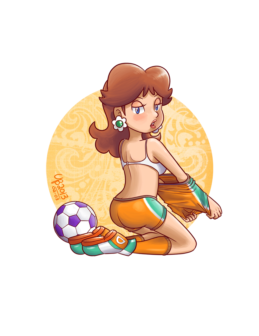 1girls ass back back_view backboob blue_eyes blush bra brown_hair earrings female female_only flower_earrings half-closed_eyes human lips lipstick looking_at_viewer mario_(series) mario_strikers nintendo open_mouth princess_daisy shirt_removed shoes shorts shoulder_length_hair soccer_ball soccer_shoes soccer_uniform socks solo sports_uniform thebourgyman transparent_background undressing