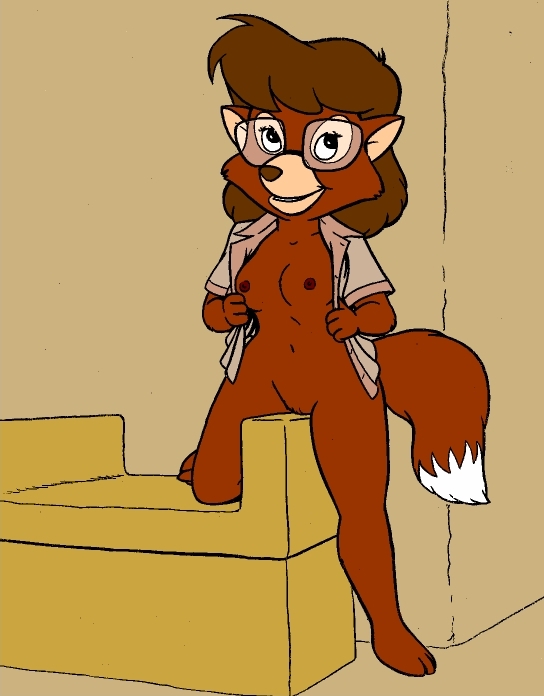 anthro bottomless breasts brown_fur canine chair clothes clothing disney female female_only fox front_view fur furniture furry_breasts glasses indoors mammal myra_foxworthy nipples open_clothes solo straddle tagme tail talespin