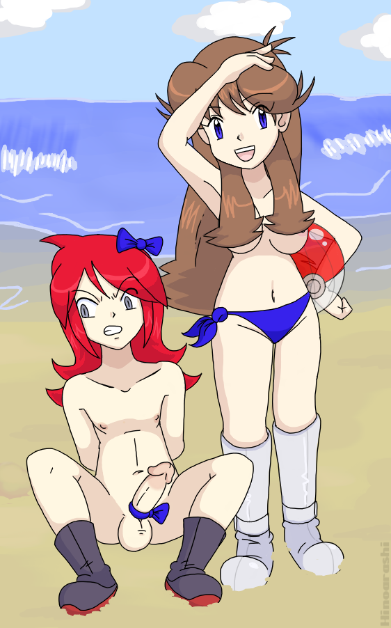 beach breasts clothes color day female front_view green_(pokemon) hinoarashi human human_only incest male nude outdoors penis pokemon pokemon_adventures pokemon_rgby siblings silver_(pokemon) sitting standing tagme testicles