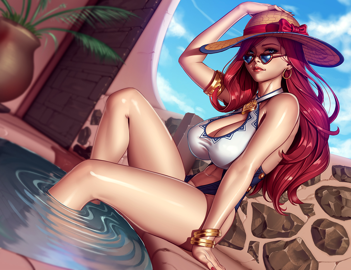 1girls, alternate costume, big breasts, blue-tinted eyewear, breasts, cleavage, female, female only, large breasts, league of legends, looking over eyewear, looking over glasses, looking over sunglasses, miss fortune, pool party miss fortune, pool party series, solo, sunglasses, tinted eyewear, xxnikichenxx