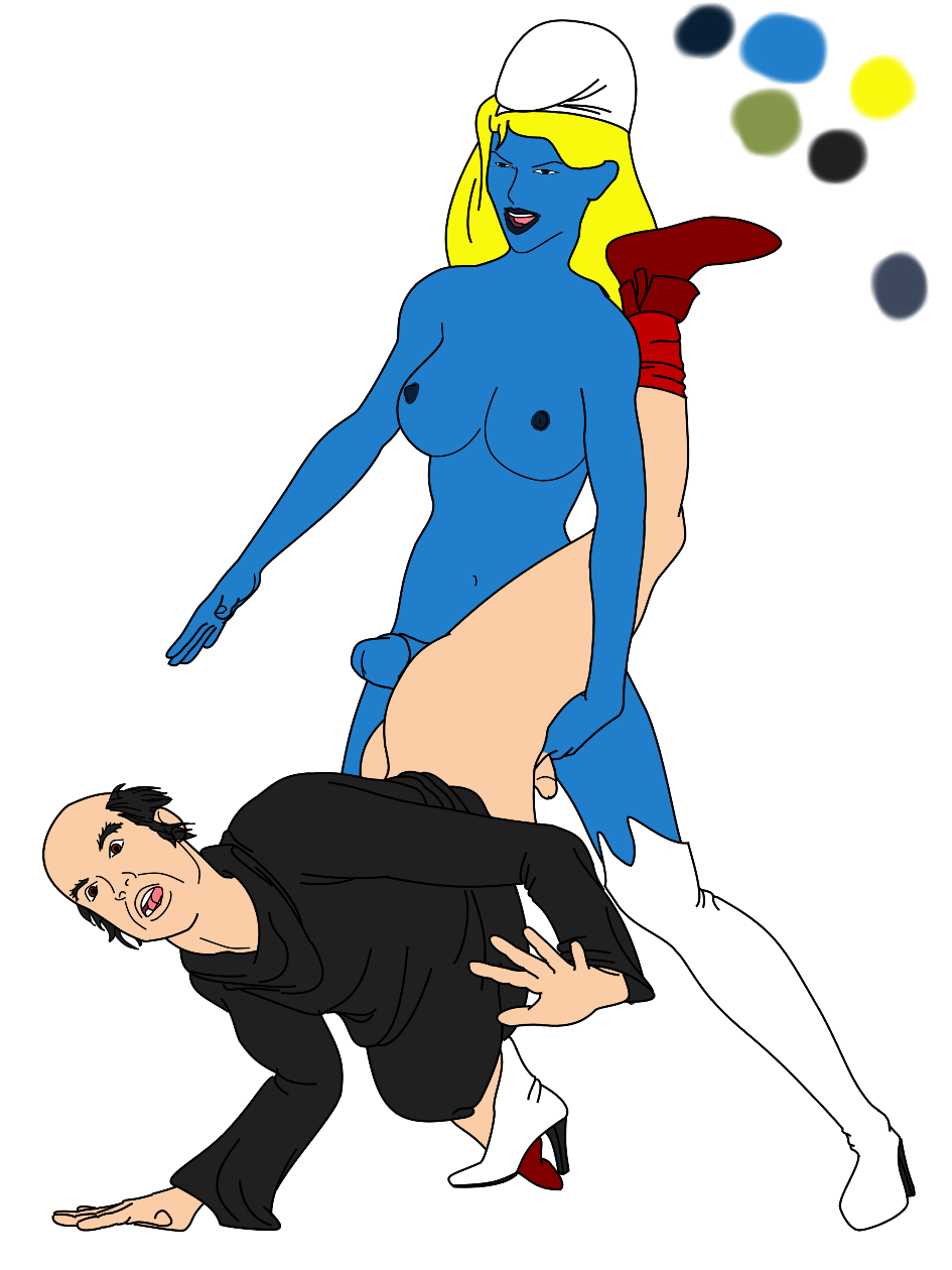 1boy 1futa blue_penis blue_skin dickgirl futa_is_bigger futa_on_male futanari gargamel gingerm imminent_sex intersex male penis_size_difference smurfette the_smurfs thighhighs what