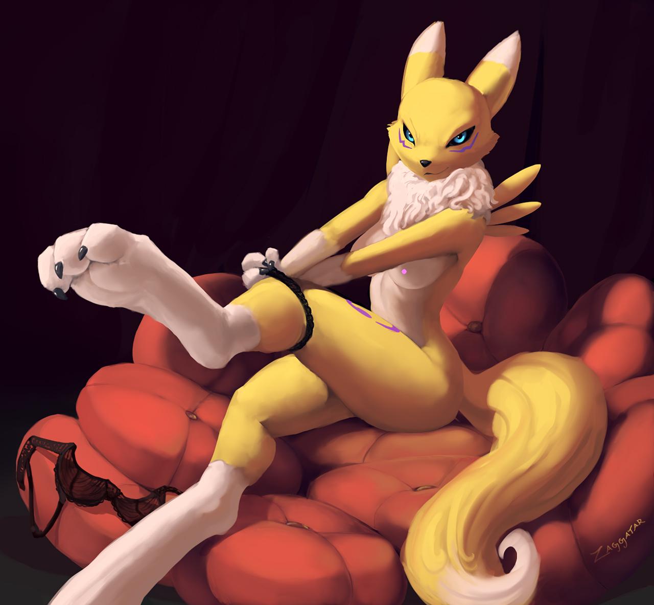 anthro barefoot black_nose black_sclera bra breasts claws closed_mouth clothes color cyan_eyes digimon female female_only fur furry furry_breasts furry_tail looking_at_viewer nipples panties renamon sitting tagme tail underwear zaggatar