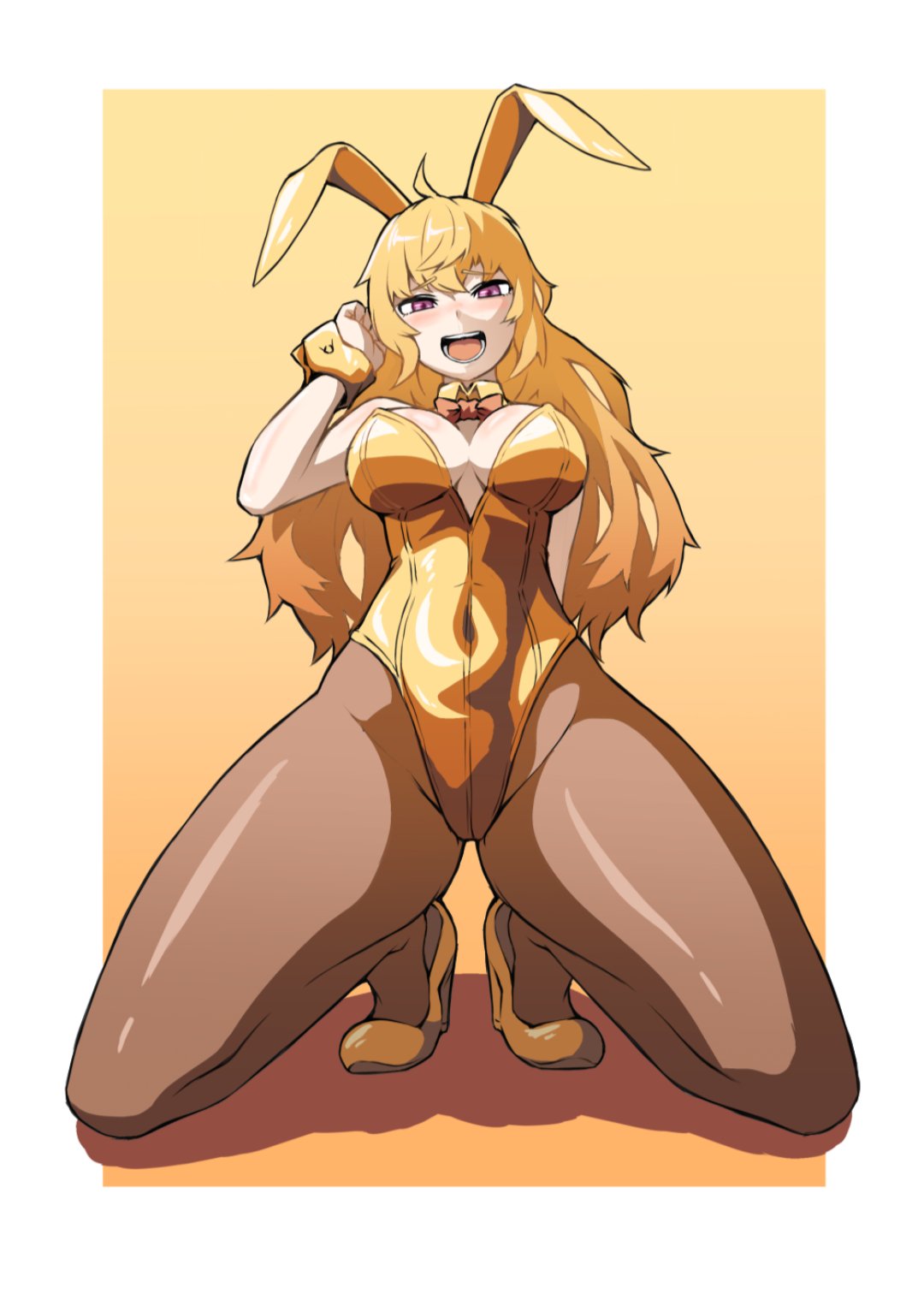 1girls, blonde female, blonde hair, breasts, bunny ears, bunny girl, bunnysuit, clothed female, long hair, long hair female, mori kuro pp, pantyhose, purple eyes, rwby, solo female, yang xiao long