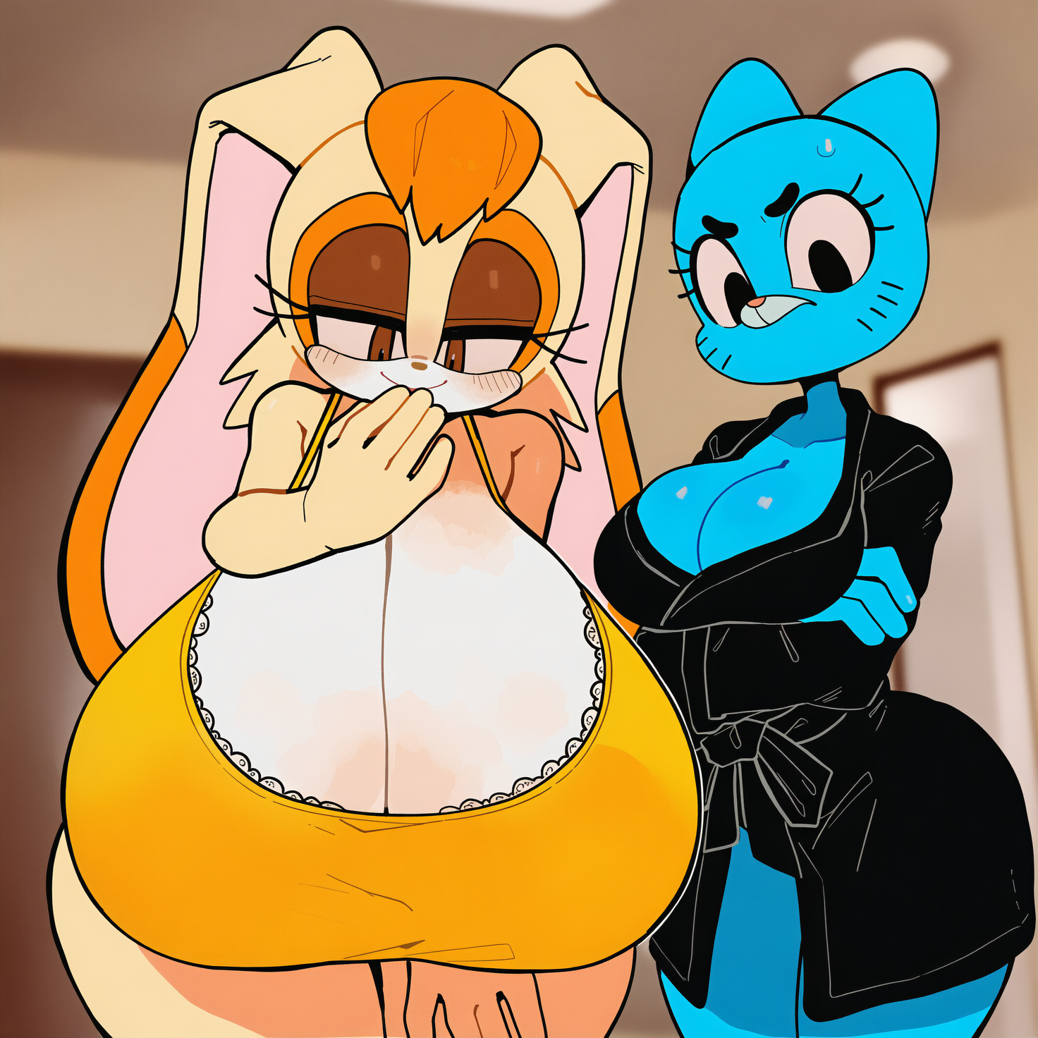 ai assisted, ai generated, bathrobe, big breasts, bursting breasts, cleavage, from below, gigantic breasts, hand in front of mouth, huge breasts, imminent sex, kimmythefem, looking at viewer, milf, nicole watterson, no sex, slim waist, sonic (series), sonic the hedgehog (series), the amazing world of gumball, thick thighs, vanilla the rabbit, wide hips