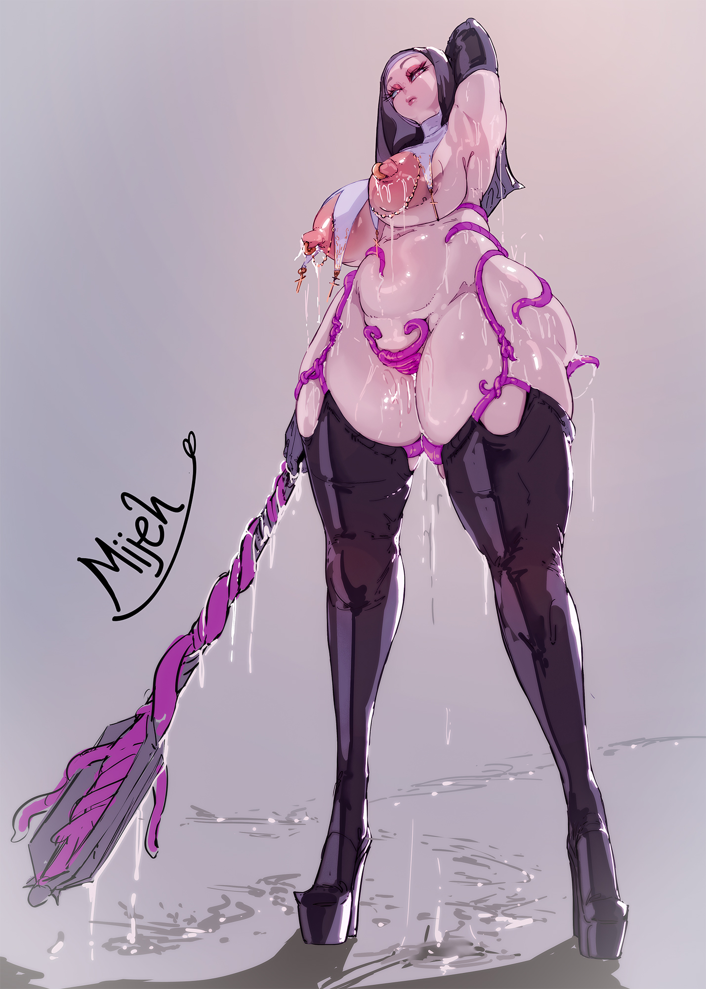 1girl, 2d, dripping, elden ring, elden ring nightreign, female, female only, heels, mijeh, nipple piercing, nun, nun outfit, plump, tagme, tentacle, tentacle clothes, undertaker (nightreign), wet