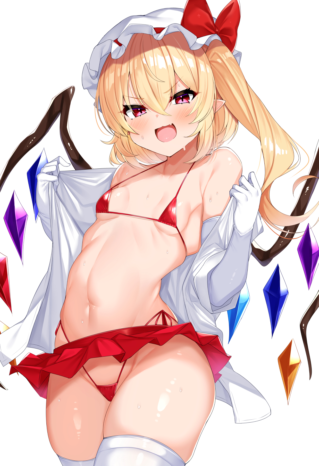 :d, bikini, blonde hair, breasts, crystal wings, daichi (tokoya), female, flandre scarlet, hat, highres, long hair, micro bikini, mob cap, open mouth, red bikini, red skirt, side ponytail, simple background, skirt, small breasts, smile, solo, swimsuit, touhou, white background, white hat, wings