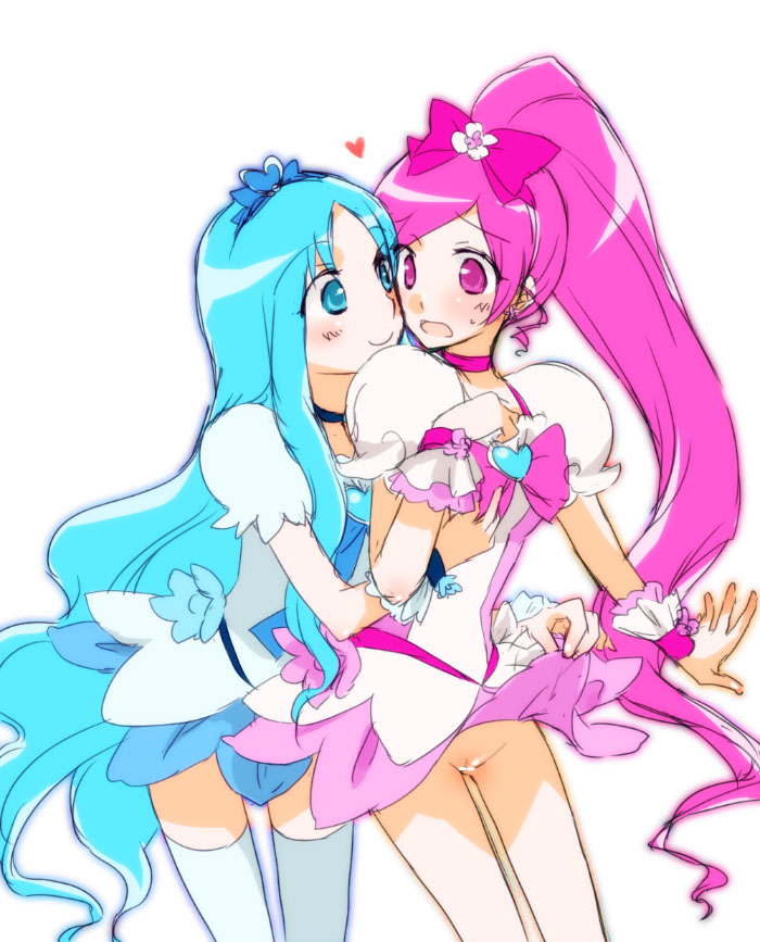 2girls blue_eyes blue_hair blush bow censored clothing cure_blossom cure_marine dress dress_lift erika_kurumi female hairband hairbow heart heartcatch_precure! heartcatch_pretty_cure! long_hair magical_girl multiple_girls no_panties pink_eyes pink_hair ponytail precure pretty_cure pussy sekihara_umina smile stockings thighhighs tied_hair tsubomi_hanasaki unagi_no_kabayaki very_long_hair white_background wristband yuri zettai_ryouiki