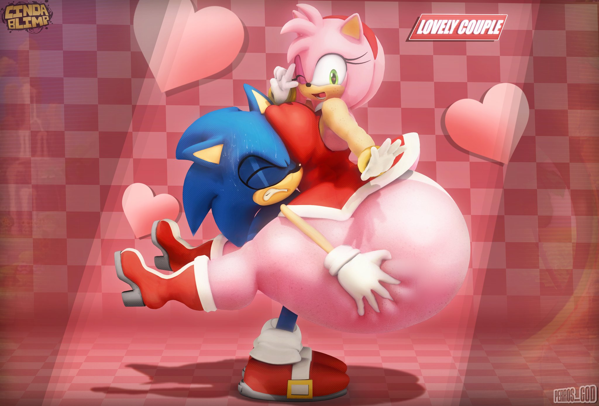 1boy, 1girls, amy rose, ass, blue fur, blue hair, boots, bracelet, breasts, breasts against head, cindablimp, dress, eulipotyphlan, female, gloves, grabbing ass, green eyes, hairband, hedgehog, hedgehog humanoid, hips, hyper ass, large ass, large breasts, male, mobian (species), overweight, panties, perros god, picking up, pink fur, pink hair, sega, sonic (series), sonic the hedgehog, sonic the hedgehog (series), struggling to lift, sweat, sweating, sweaty, sweaty forehead, thick thighs, thigh boots, thighs, underwear, wide hips, wink, winking at viewer