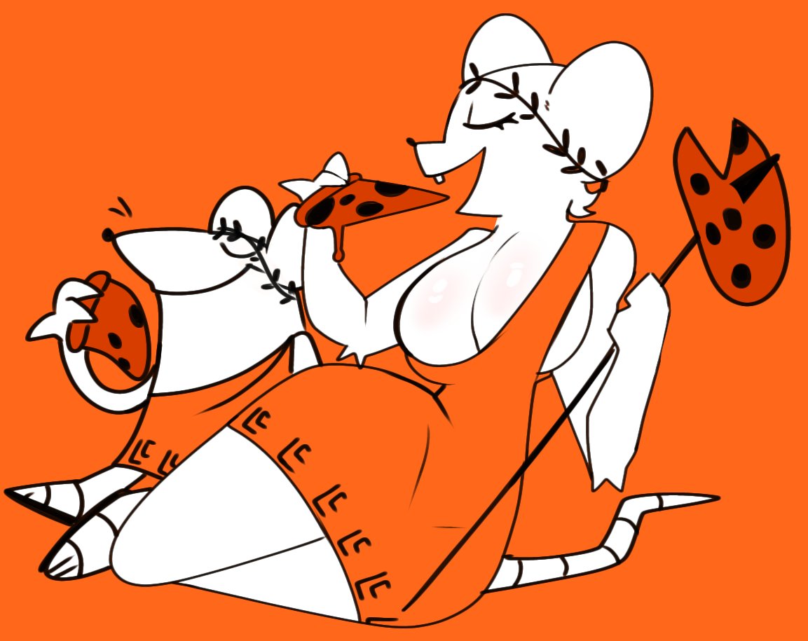 1girls, 2026, 2d, 2d (artwork), animal ears, anthro, big breasts, breasts, busty, busty female, closed eyes, clothed, clothing, color, colored, digital drawing (artwork), digital media (artwork), dress, female, food, laurel crown, laurel wreath, little caesars, mouse, mouse ears, open mouth, orange background, orange clothing, orange dress, orange theme, pizza, pizza slice, roman, simple background, snappy snaz, snazzle snapp, tail, white body, white fur, white skin, wide hipped anthro, wide hipped female, wide hips