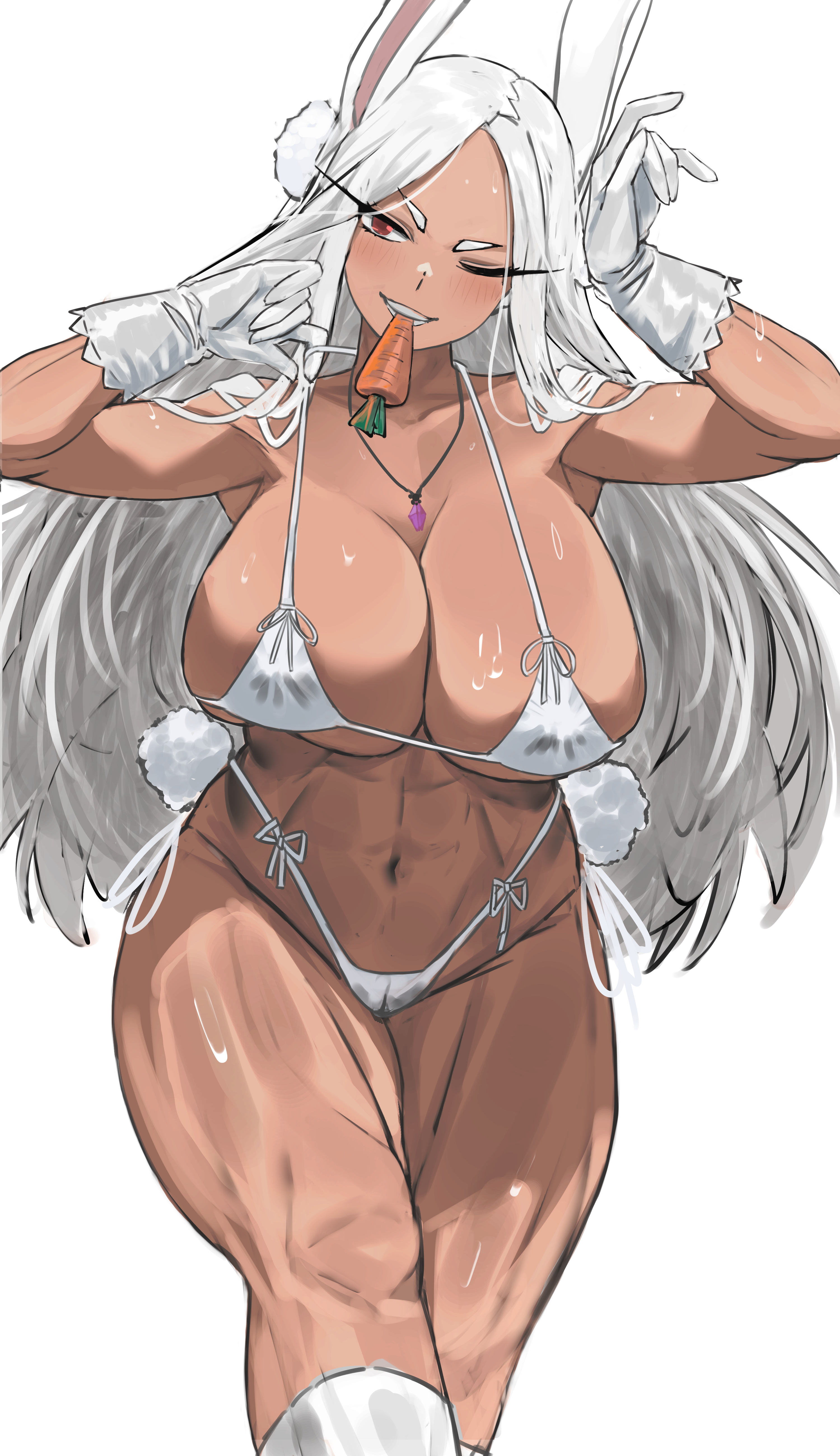 abs, absurdres, animal ears, bare shoulders, bikini, blush, boku no hero academia, breasts, carrot, cleavage, collarbone, commentary request, curvy, dark skin, dark-skinned female, female, gloves, highleg, highleg bikini, highres, huge breasts, jewelry, long eyelashes, long hair, mirko, miruko, mouth hold, muscular, muscular female, my hero academia, navel, necklace, nuo (fttv3255), one eye closed, parted bangs, rabbit ears, rabbit girl, red eyes, revision, smile, solo, swimsuit, thick thighs, thighs, white hair