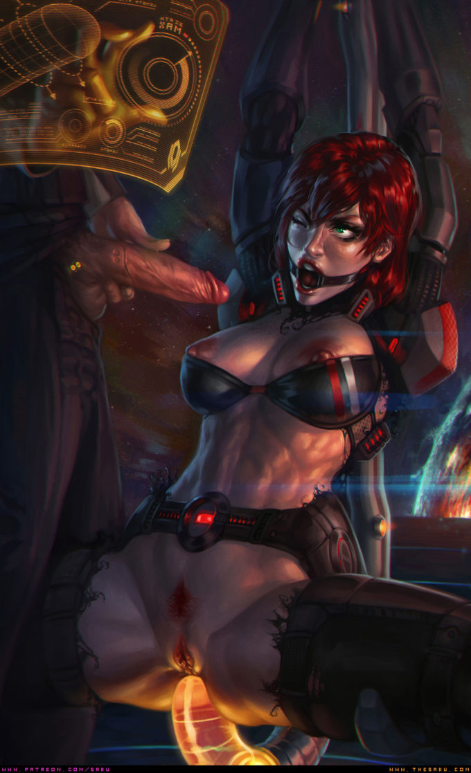 1boy, 1girls, 2026, 2d, 2d (artwork), anal, anal insertion, breasts out, commander shepard, female, femshep, holographic interface, illusive man, imminent oral, male, mass effect, partial male, pussy, rape, restrained, ring gag, sabudenego, sex arcade, sex toy