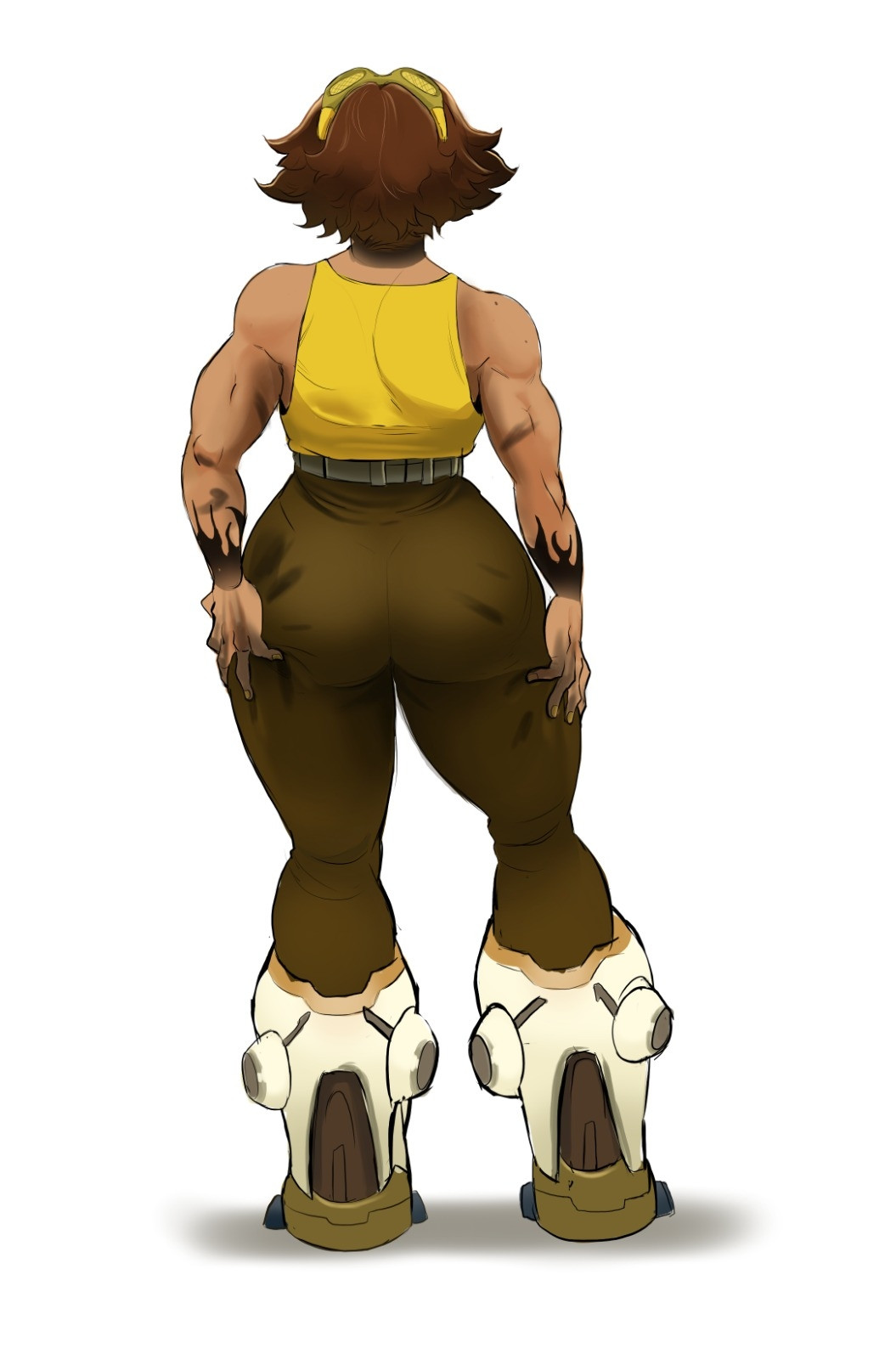 1nonbinary, adjusting clothes, androgynous, ass, big ass, brown hair, clothed, dark skin, from behind, goggles on head, latunita, muscular, overwatch, short hair, sleeveless, standing, tank top, venture, wide hips