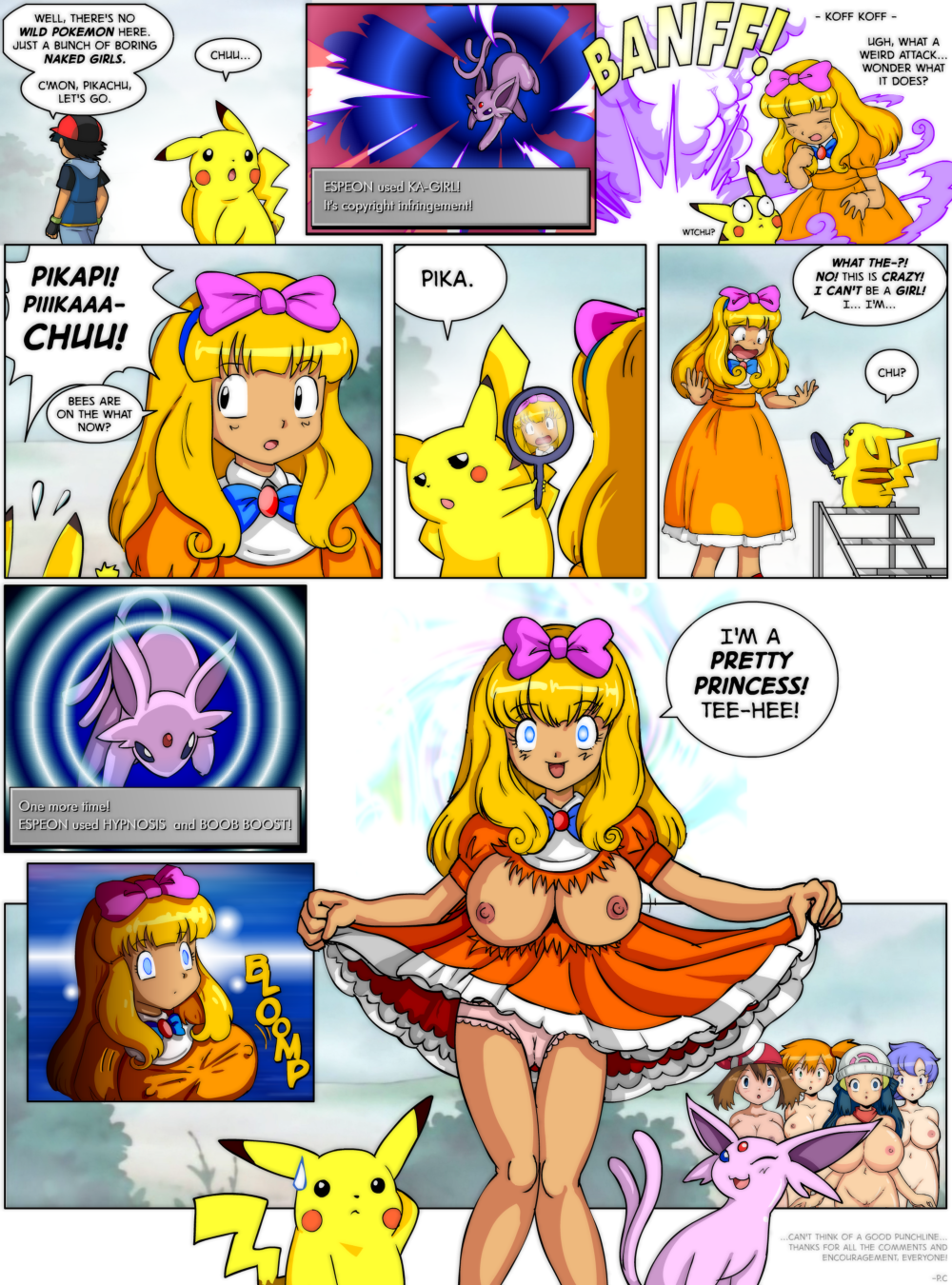 5girls alternate_breast_size anabel_(pokemon) ash_ketchum ashley_(pokemon) beige_skin black_hair blonde_hair blue_eyes blue_hair bow breast_expansion breasts brown_hair bursting_breasts cameltoe clothes clothing color comic dawn_(pokemon) dress dress_lift eeveelution english_text espeon female frontier_brain game_freak gender_transformation gym_leader hairbow hand_mirror hud huge_breasts human hypnosis hypnosis_(pokémon_move) interspecies large_breasts long_hair male male_pikachu may_(pokemon) mind_control mirror misty_(pokemon) multiple_girls nintendo nipples nude orange_hair p.chronos panties pikachu pokémon_(species) pokemon pokemon_(anime) pokemon_dppt pokemon_gsc pokemon_rgby pokemon_rse pokephilia purple_hair pussy reflection rule_63 short_hair source_request straight_hair sweatdrop tan_skin text torn_clothes transformation uncensored