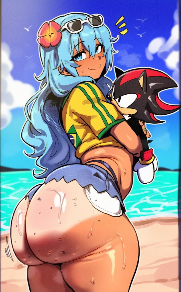 ai generated, ass hanging out, ass hanging out of shorts, big ass, blue hair, booty shorts, brazilian female, date a live, female only, glasses on head, himekawa yoshino, ishimo, minishorts, short shorts, shorts, tanned female, tanned skin
