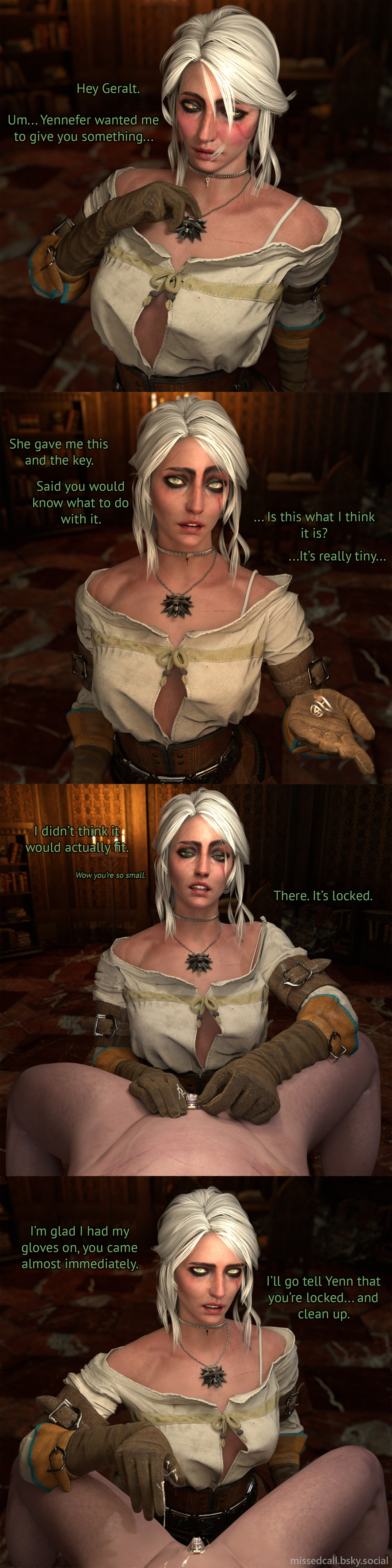 1boy, 1girls, 3d, blushing, breasts, brown gloves, cd projekt red, chastity cage, chastity key, ciri, clothing, completely nude, cum, cum on body, disgusted, ejaculation, english, english text, eyeshadow, facial scar, female, femdom, freckles, geralt of rivia, gloves, green eyes, humiliation, key, light skin, light-skinned female, light-skinned male, looking at partner, looking at viewer, male, male pov, male/female, malesub, mascara, micropenis, missed call, no bra, nude, penis, pov, pov eye contact, scar, small penis, small penis humiliation, text, the witcher (series), the witcher 3: wild hunt, watermark, white hair, witcher medallion