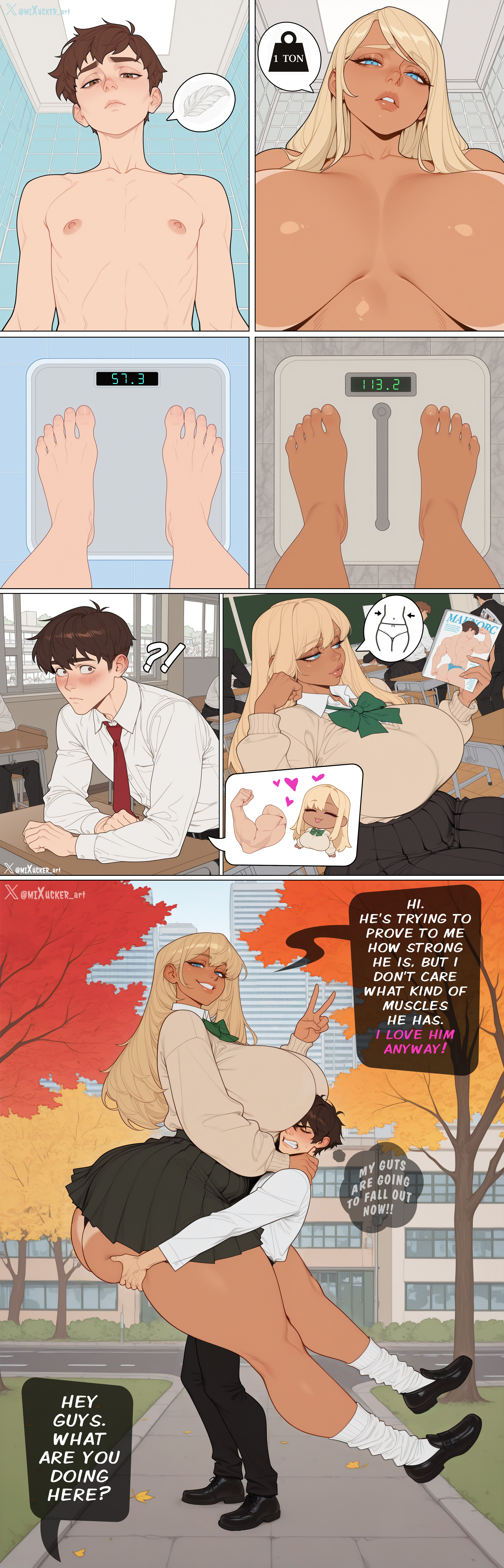 1boy, 1boy1girl, 1female, 1girls, 1male, 2026, 2d, 2d (artwork), ai generated, artist name, ass bigger than head, barefoot, big ass, big breasts, big butt, big female, big female small male, big thighs, big woman, bigger female, bigger woman, blue eyes, bottom heavy, bottomless, breasts, breasts apart, brown hair, busty, busty female, carrying, carrying another, carrying partner, carrying person, child bearing hips, clothing, comic, comic page, comic panel, comics, curvaceous, curvy, curvy body, curvy female, curvy figure, curvy hips, curvy thighs, dark skin, dark skinned female, dialogue, duo focus, emoji, english, english text, feet, female, from front, from side, full body, fully clothed, giant breasts, giant female, giant thighs, giantess, gigantic breasts, gigantic female, gts, gyaru, height difference, helpless male, hi res, highres, hourglass figure, hourglass figured female, huge ass, huge boobs, huge breasts, huge butt, huge thighs, human, indoors, inside, large ass, large boobs, large breasts, large butt, large female, large thighs, large tits, large woman, larger female, larger female smaller male, light skin, light skinned male, light-skinned male, long hair, looking at viewer, looking down, love, male, male/female, massive ass, massive boobs, massive breasts, massive butt, massive thighs, massive tits, mature body, mature male, mini giantess, mixucker, motherly figure, multiple views, nude, open mouth, original, original character, outdoors, pov, romantic, sagging breasts, school uniform, schoolgirl, self upload, short hair, short hair male, shorter male, shorter male/taller female, size difference, size play, skinny male, skirt, smaller male, smaller male larger female, smile, smiling, speech bubble, stable diffusion, straight, talking, talking to viewer, tall, tall female, tall girl, tall woman, taller female, taller girl, taller woman, tan body, tan lines, tan skin, tan-skinned female, tanned skin, text, text bubble, thicc, thicc thighs, thick, thick ass, thick butt, thick female, thick hips, thick legs, thick thighs, top heavy, top heavy breasts, twitter username, uncensored, v sign, venus body, very long hair, voluptuous, voluptuous female, watermark, wholesome, wide hips