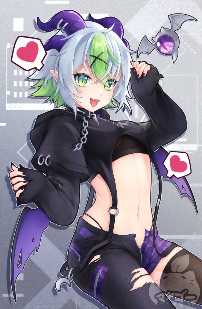 1girls, arms up, artist logo, artist name, blush, breasts, collar, cowboy shot, crop top, fangs, female, female only, fishnet gloves, fishnet topwear, fishnet undershirt, fishnets, flat belly, flat stomach, froot, goth, goth girl, green eyes, green hair, grey hair, hair, hairclip, happy, heart, heart symbol, hood, hood down, hoodie, horn piercing, horns, indie virtual youtuber, layered sleeves, long sleeves, looking at viewer, medium breasts, messy hair, midriff, multicolored hair, nail polish, navel, open fly, open mouth, painted nails, pale skin, pale-skinned female, pantyhose, petite, petite body, petite female, pointy ears, purple nails, ripped clothing, ripped pants, short hair, shorts, sitting, skinny, skinny female, slim, slim waist, small breasts, smile, solo, speech bubble, spiked collar, stomach, thighhighs, thighs, thong, thong straps, tomboy, tongue, torn legwear, torn pants, torn sleeves, underboob, virtual youtuber, vtuber, watermark, wide sleeves, wings