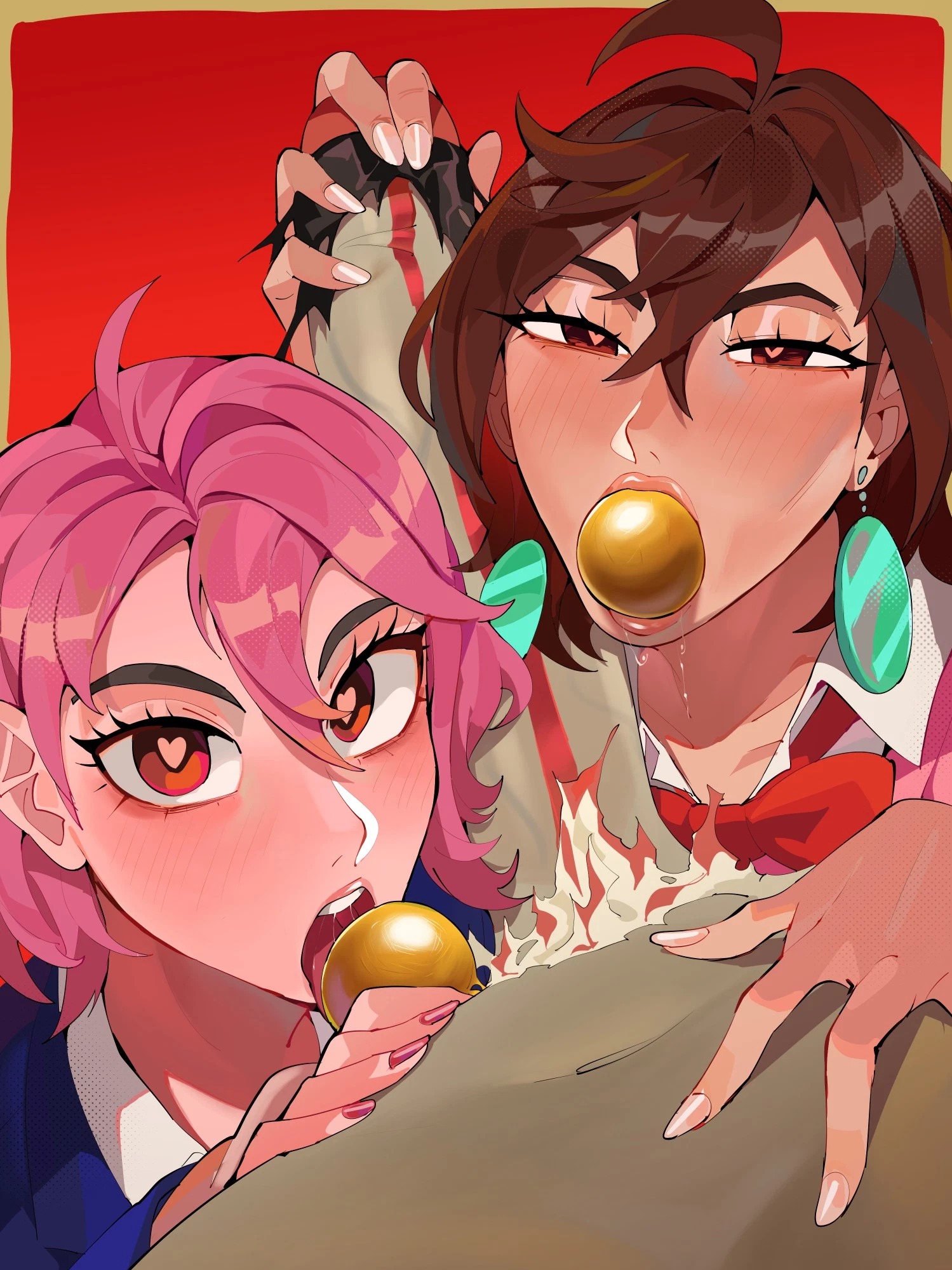 1boy, 2girls, ayase momo, ball (object), balls, blush, brown hair, brown-haired female, dandadan, diforland, erection, fellatio, female, ffm threesome, group sex, heart, heart-shaped pupils, highres, large penis, licking, licking balls, male, multiple females, multiple girls, open mouth, oral, penis, pink hair, pink-haired female, pov, separated balls, shiratori aira (dandadan), symbol-shaped pupils, takakura ken (okarun), takakura ken (okarun) (transformed), testicles, threesome