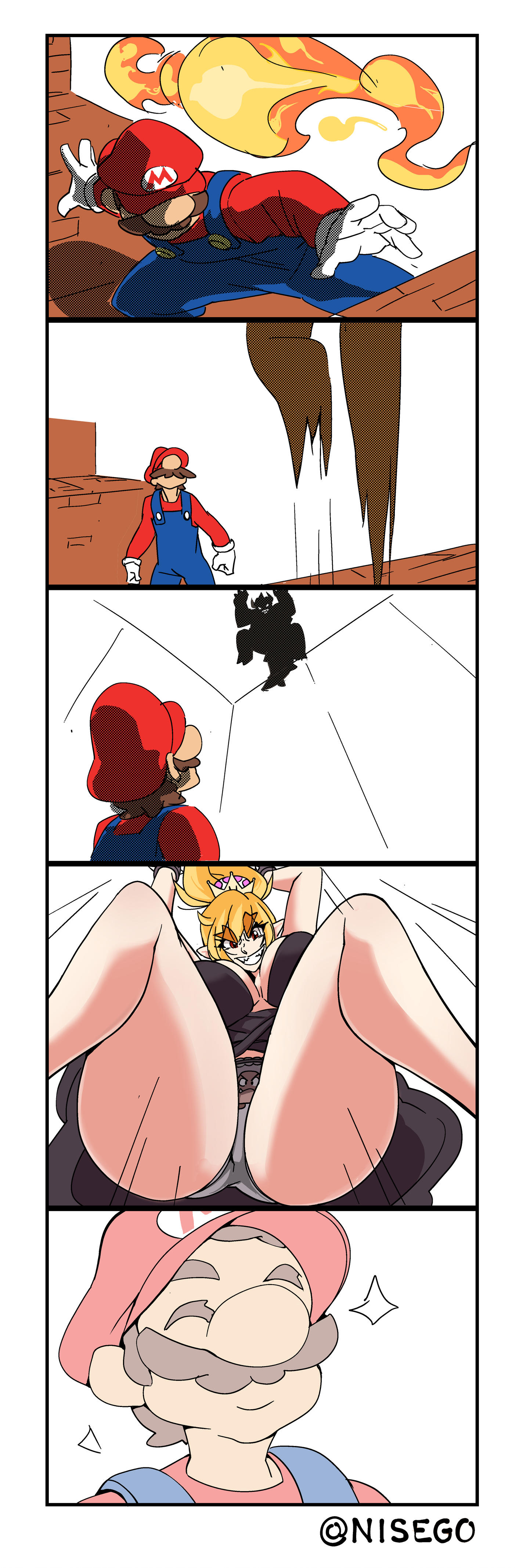 1boy, 1girls, 5koma, absurdres, ass, barefoot, blonde hair, bowser, bowsette, breasts, comic, commentary, cowgirl position, door, dress, english commentary, facesitting, facial hair, feet, female, from below, gameplay mechanics, genderswap, gloves, goomba, grey panties, grin, hat, highres, huge ass, large breasts, leotard, looking back, lying, male, mario, mario (series), monster girl, moustache, new super mario bros. u deluxe, nintendo, nisego, on back, overalls, panties, pantyshot, parody, pointy ears, ponytail, print panties, red eyes, rule 63, sitting, sitting on face, sitting on person, smile, straight, style parody, super crown, super mario bros. 3, thick eyebrows, underwear, white gloves