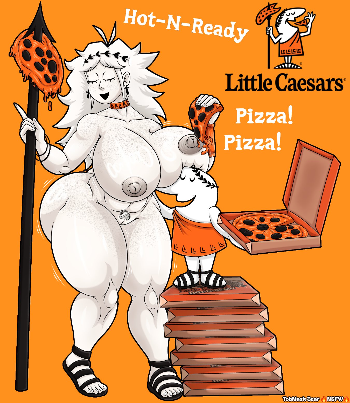 1boy, big cleopatra, big cleopatra (dangitdanger), female, large breasts, little caesar, little caesars, little ceasar, mascot, nude, nude female, orange theme, pizza, pubic hair, sandals, size difference, spear, tobmask bear