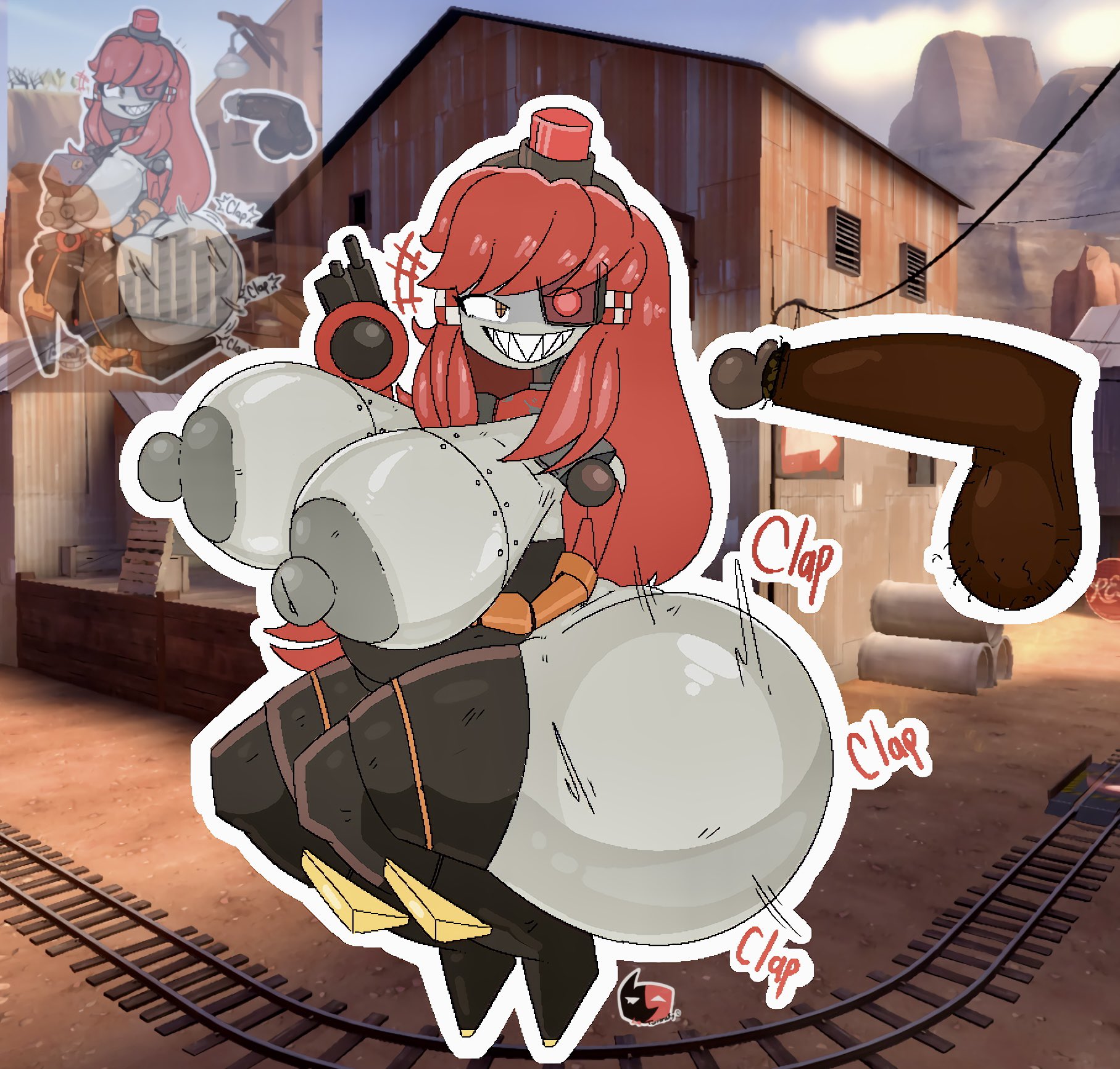 ass, ass bigger than head, breasts, breasts bigger than head, copysky777, dark-skinned male, disembodied penis, female, female focus, lafreakysky, looking at viewer, mimi sentry, pixel art, redraw, reference image, sharp teeth, straight, tagme, team fortress 2, topless