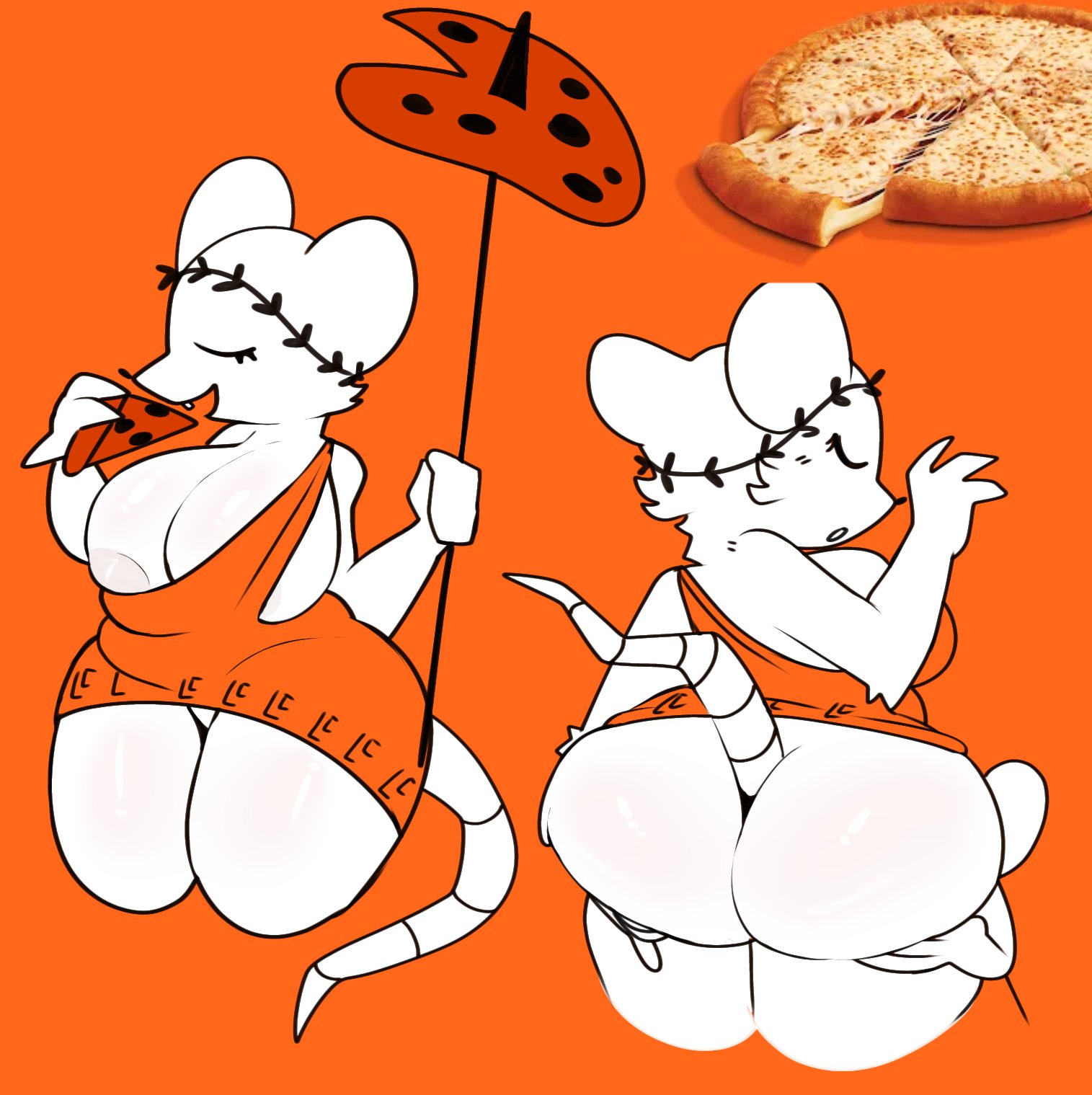 1girls, 2026, 2d, 2d (artwork), animal ears, animal humanoid, anthro, areola, areola slip, areolae, areolae peeking, ass, back view, backside, big ass, big breasts, big butt, breasts, butt, closed eyes, clothed, clothing, color, colored, digital drawing (artwork), digital media (artwork), dress, fat ass, fat butt, food, glistening, glistening ass, glistening body, glistening breasts, glistening butt, glistening thighs, hands on ass, hands on butt, laurel crown, laurel wreath, lifting ass, lifting butt, little caesars, mouse, mouse ears, mouse girl, mouse tail, open mouth, orange background, orange clothing, orange dress, orange theme, pizza, pizza slice, roman, simple background, snappy snaz, snazzle snapp, tail, thick thighs, thighs, white body, white fur, white skin