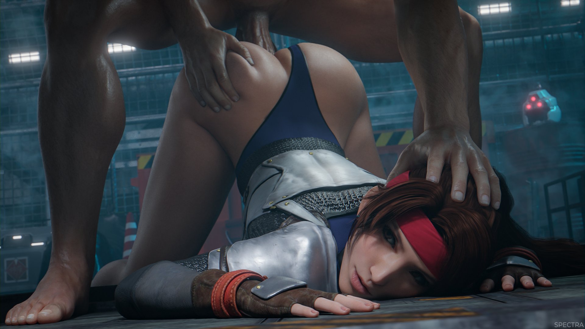 1boy, 1boy1girl, armor, ass up, brown eyes, brown hair, face down ass up, female, final fantasy, final fantasy vii, final fantasy vii remake, headband, jessie rasberry, leotard, leotard aside, penetration, spectra3d