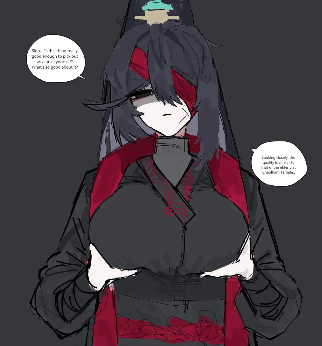 1girls, ambiguous sex, bandage on face, confused, covered eyes, disgruntled, hong lu (limbus company), honglulove, limbus company, long hair, long ponytail, lord of hongyuan (identity), no visible genitalia, offering breasts, offering to viewer, ponytail, project moon, ribbon, rough translation, rule 63, scar on face