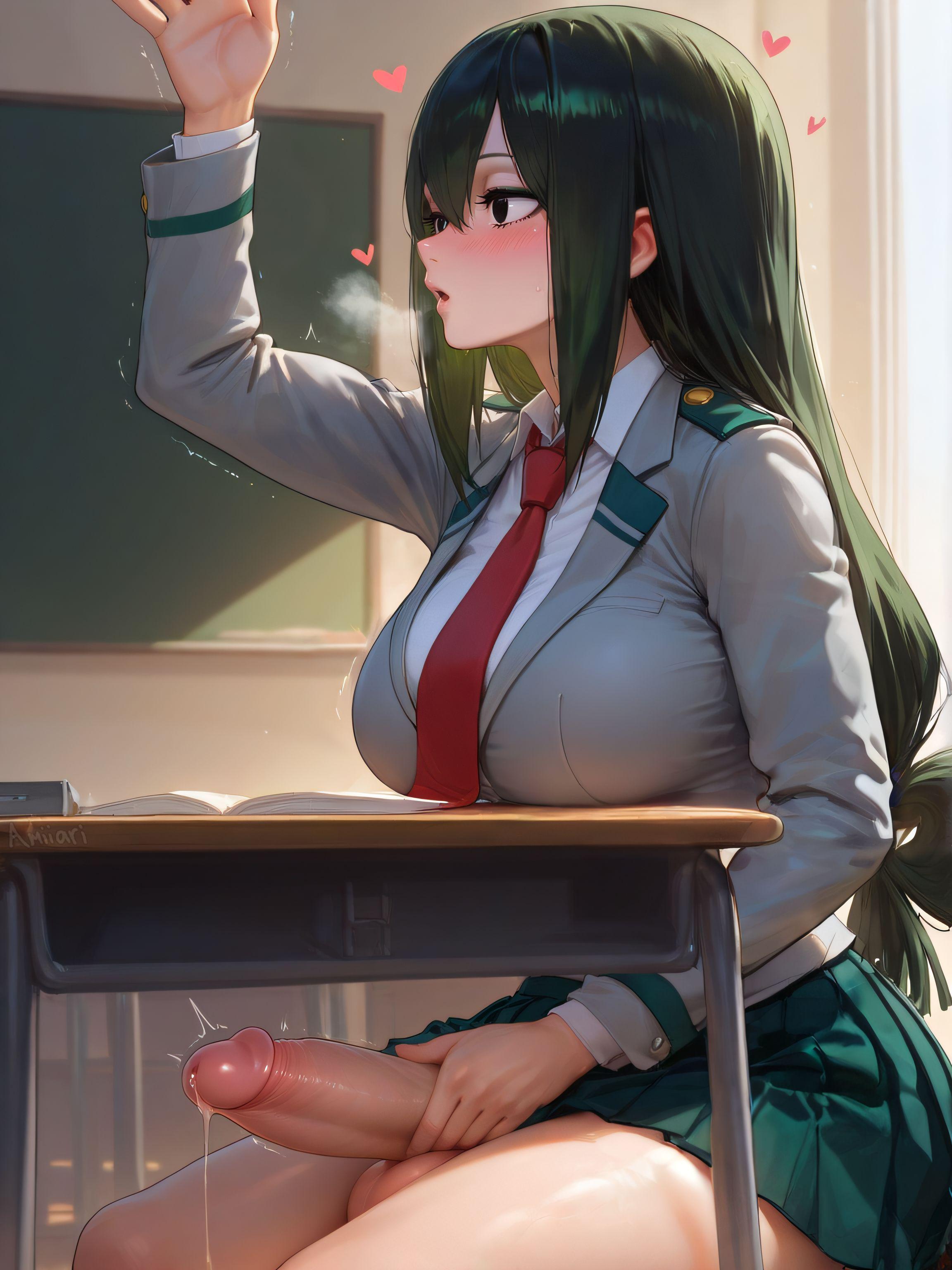 1futa, absurdres, ai generated, amiiari, arm up, bangs, big breasts, big penis, black eyes, black hair, blazer, blush, book, breasts, breath, brown eyes, chair, chalkboard, classroom, collared shirt, desk, dress shirt, dripping, dripping penis, dripping precum, erection, from side, futa only, futanari, green eyes, green hair, green skirt, grey jacket, hair between eyes, hair rings, half-closed eyes, hand on penis, hand up, heart, huge penis, indoors, jacket, large breasts, large penis, light-skinned futa, long hair, long penis, long sleeves, looking to the side, looking up, low-tied long hair, miniskirt, my hero academia, open mouth, parted lips, penis, penis under table, pleated skirt, precum, precum drip, precum string, profile, red necktie, school chair, school desk, school uniform, shiny hair, shirt, sidelocks, sitting, skindentation, skirt, solo, table, testicles, thick thighs, thighs, tied hair, tongue, trembling, tsuyu asui, twitching penis, veins, veiny penis, very long hair, voluptuous, white shirt