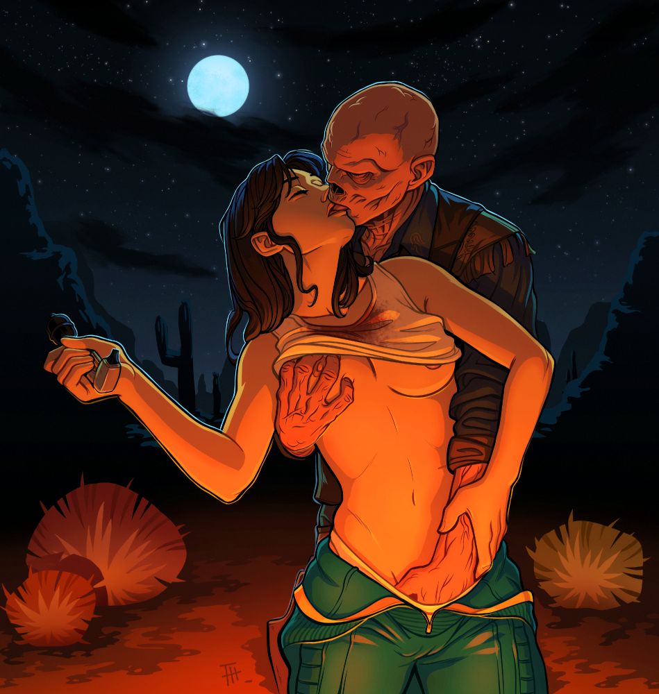 1girls, 2d, 2d (artwork), breasts, caressing, cooper howard, fallout, fallout (tv series), french kiss, french kissing, ghoul (fallout), groping, groping breasts, groping from behind, hand in pants, hand under clothes, lucy maclean, male/female, night, night sky, nipples, romantic, romantic sex, vault suit